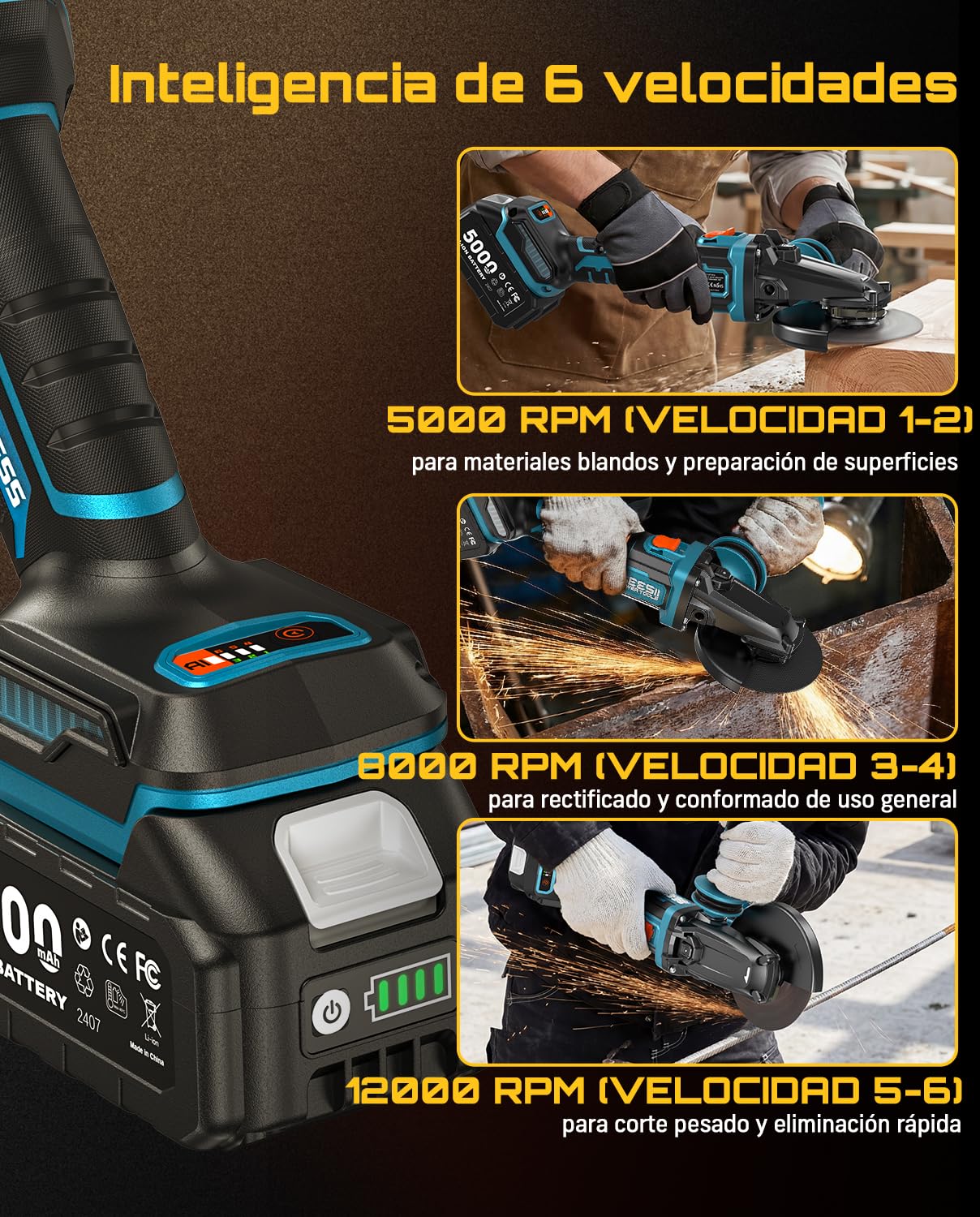 SEESII Amoladora Cabeza Plana 21V - Batería 5.0Ah + 6 Velocidades