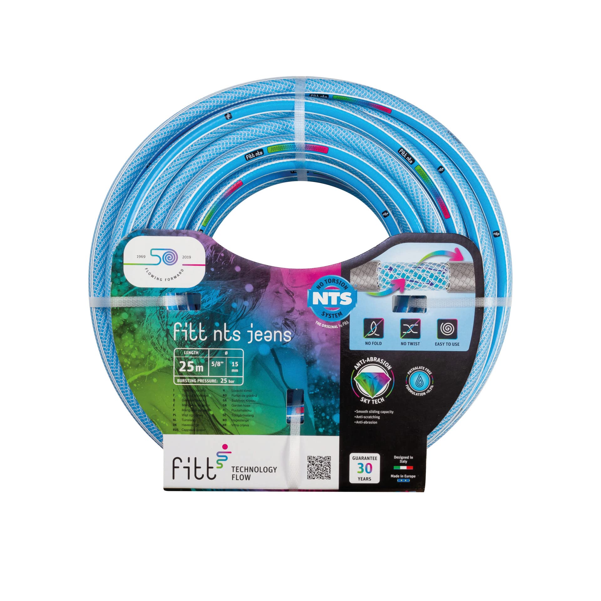 FITT NTS JEANS 5/8" (15 mm) 25 m – Tuyau d'Arrosage de Jardin robuste et malléable Bleu clair pour une Utilisation intensive