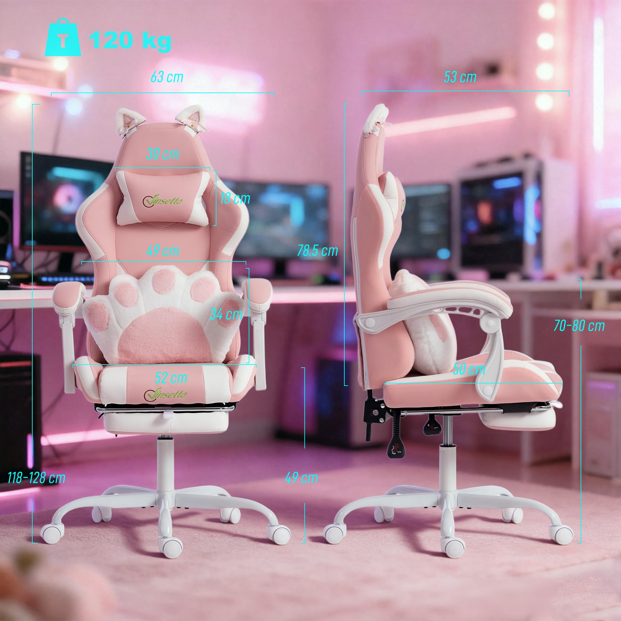 Vinsetto Sedia Gaming Ergonomica con Orecchie da Gatto, Poltrona Gaming Ufficio Reclinabile in Finta Pelle con Poggiapiedi, Poggiatesta e Altezza Regolabile, Supporto Lombare e Cervicale, Rosa
