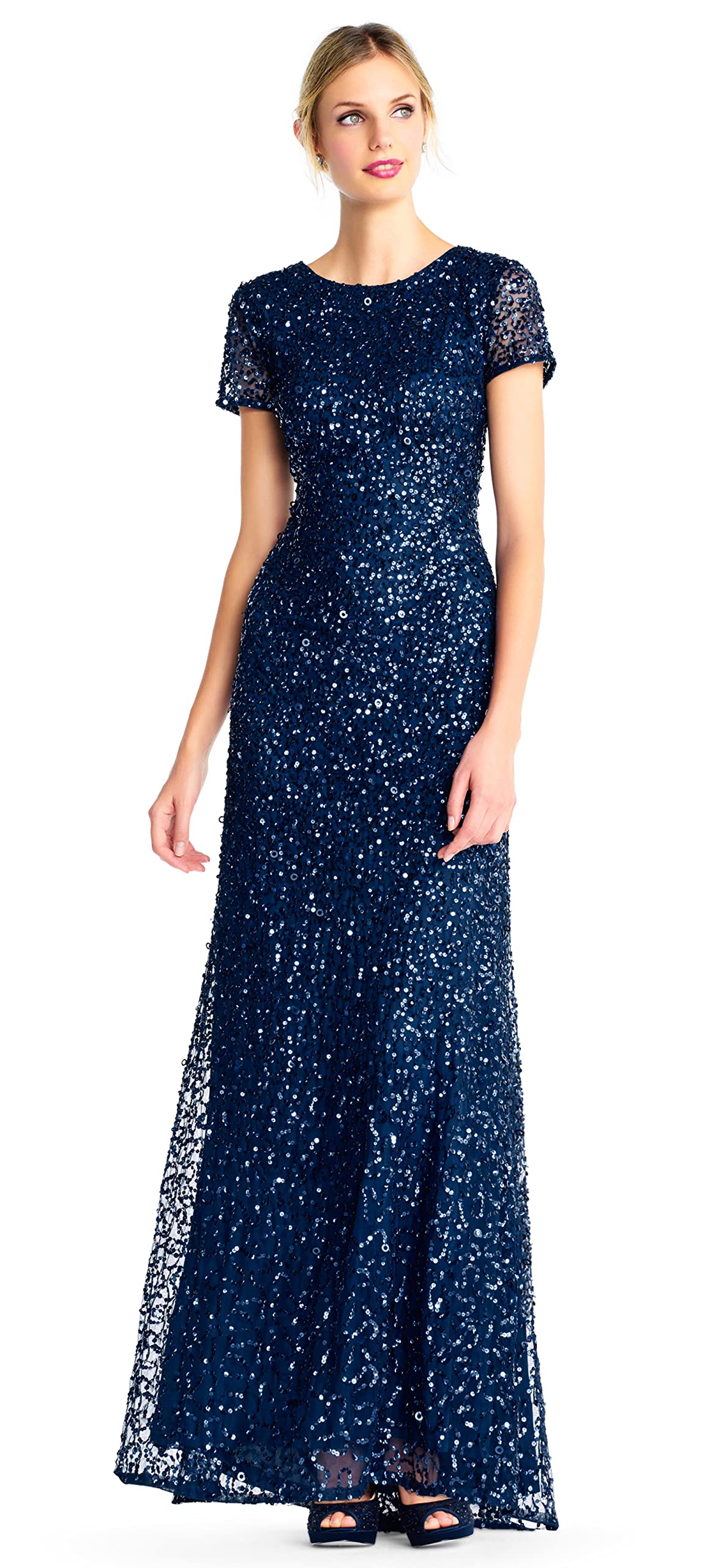 Adrianna PapellWomen's Scoop Back All-Over Beaded Gown, Deep Blue, 8