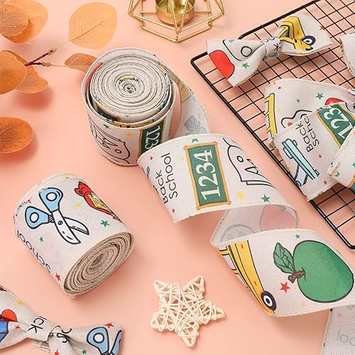 Miniatura 4 de Whaline 2 rollos de 20 yardas de cinta con borde de alambre de regreso a la escuela, 2.5 pulgadas, tela temática escolar, cintas decorativas para