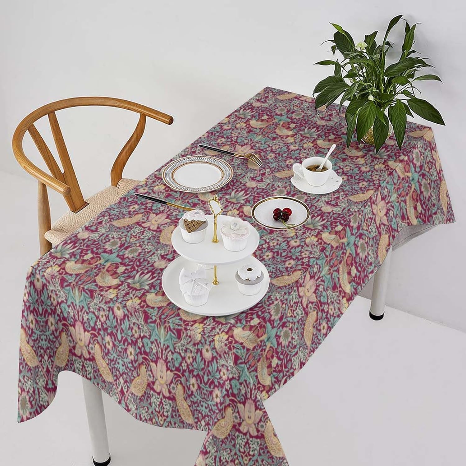 William Morris Tablecloth Vintage Flower Strawberry Thief Red Art Printed Print Stain Washable Table Resistant for Kitchen Dinning Outdoor Picnic Party Rectangle 60x120in