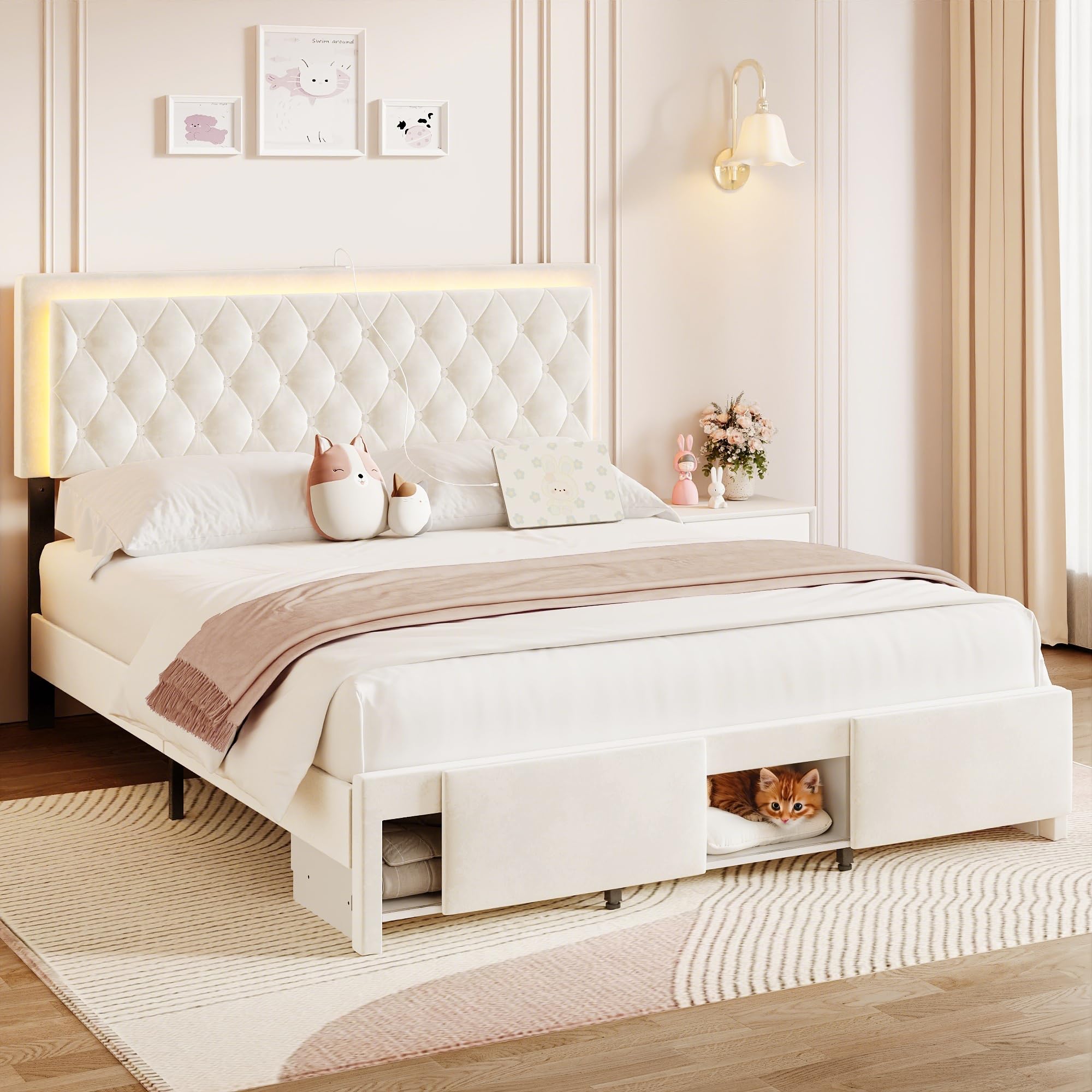 XEPAMU Full Size Bed Frame with Storage,Full Bed Frame with LED Lights Headboard and Charging Station,Velvet Upholstered Bed with Storage Footboard,Sliding Barn Door Noiseless No Box Spring Needed