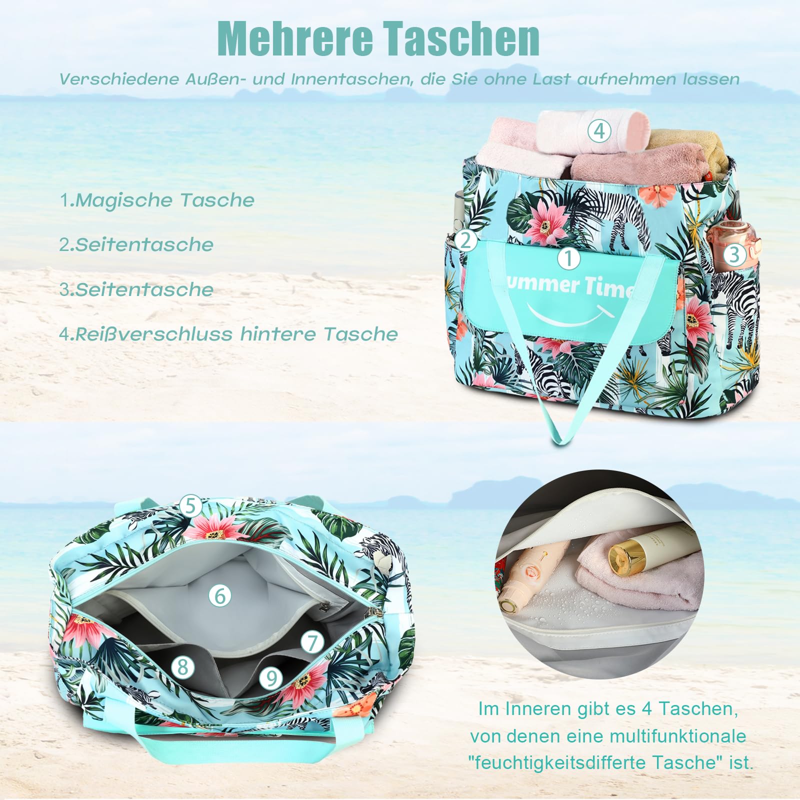 Myhozee Borsa da spiaggia XXL Famiglia Borsa da bagno impermeabile Donna Borsa da spiaggia grande con cerniera e tracolla per coperta da spiaggia, piscina estiva Sauna Borsa Tote Borsa Sopper