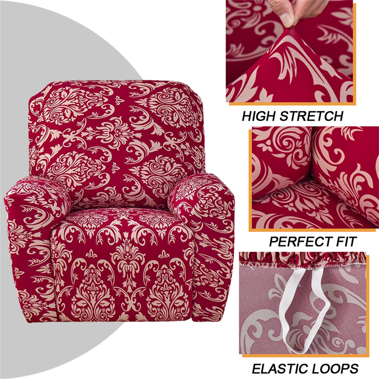 Housses de Fauteuil Relax Inclinable avec Poches, 4 Pièce Housses Extensibles Imprimées pour Chaise Inclinables, Protecteur de Meubles Antidérapant (A15)