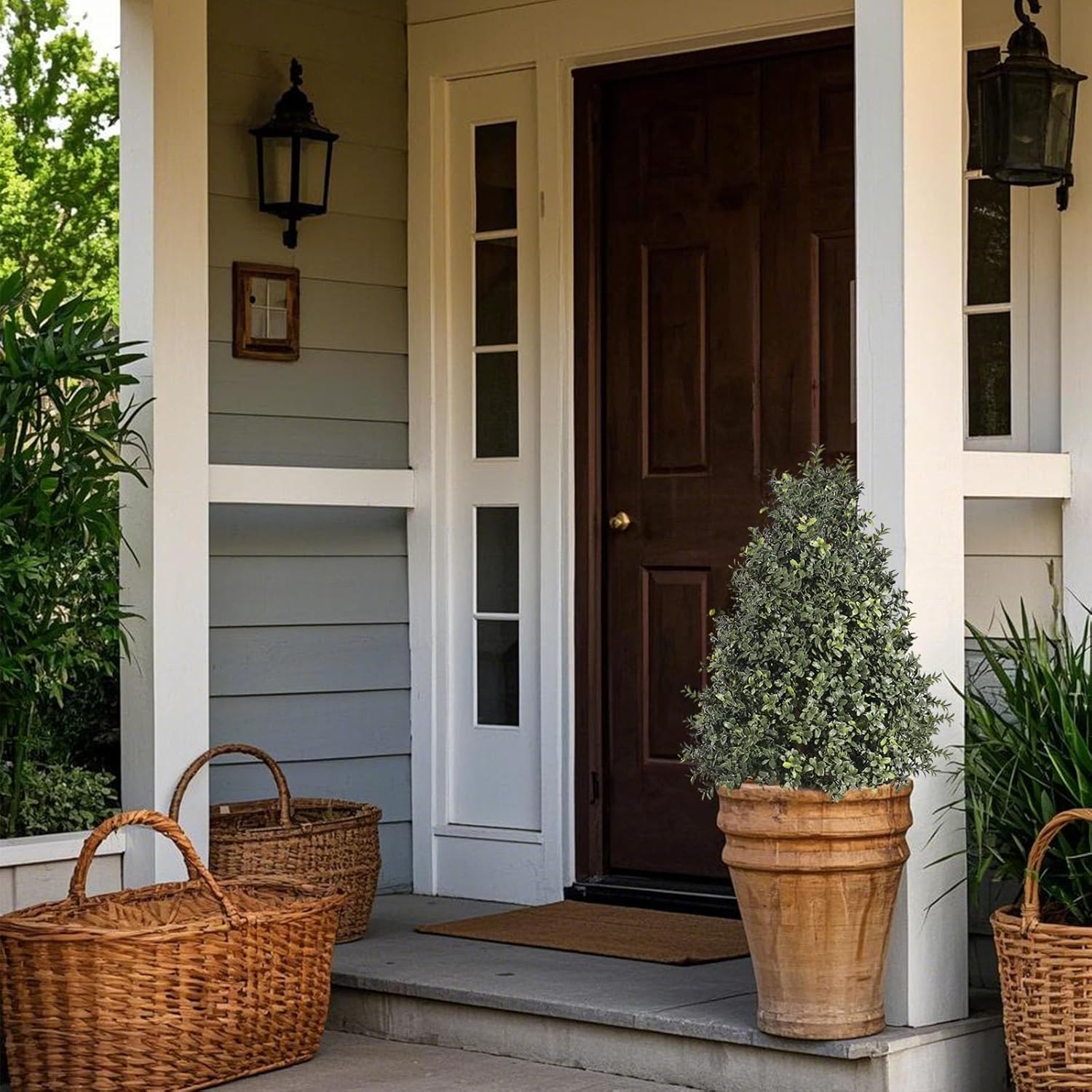 27.5'' Artificial Boxwood Topiary Tree 2 Pack, 2.3ft Cone-Shaped Potted Plant for Indoor & Outdoor Porch Decor