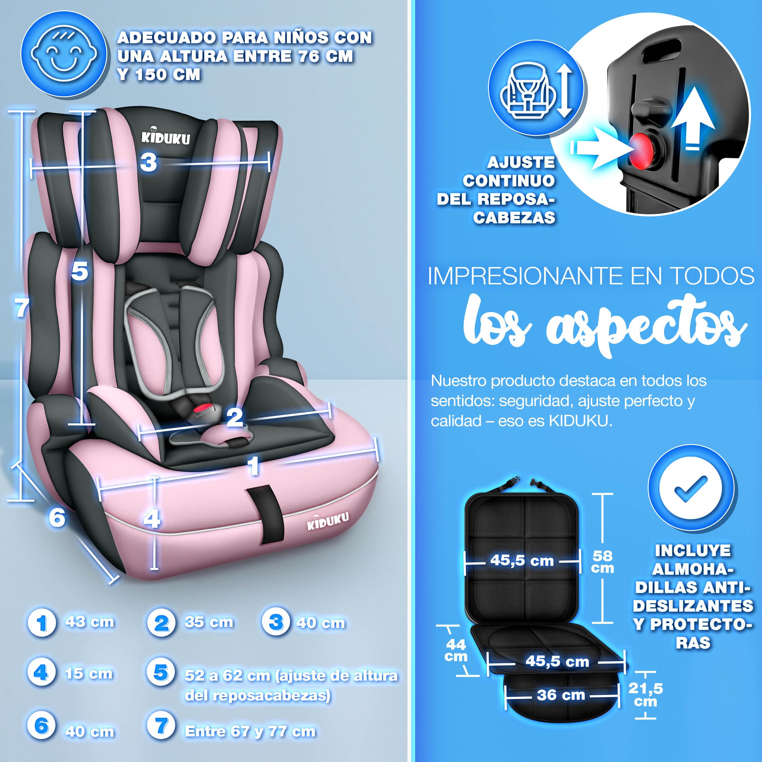 KIDUKU® Silla de coche, crece con el niño, 9 kg-36 kg (1-12 años), Grupo 1/2/3 (Gris/Rosa)