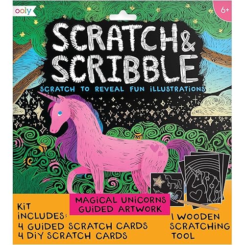 Ooly Scratch & Scribble 10pc Art Kit with 8 Total Scratch Cards (4 Illustrated, 2 Blank, 2 Rainbow) with Scratching Tool and Sparkled Stickers, Art Set Gifts for Kids - Unicorns