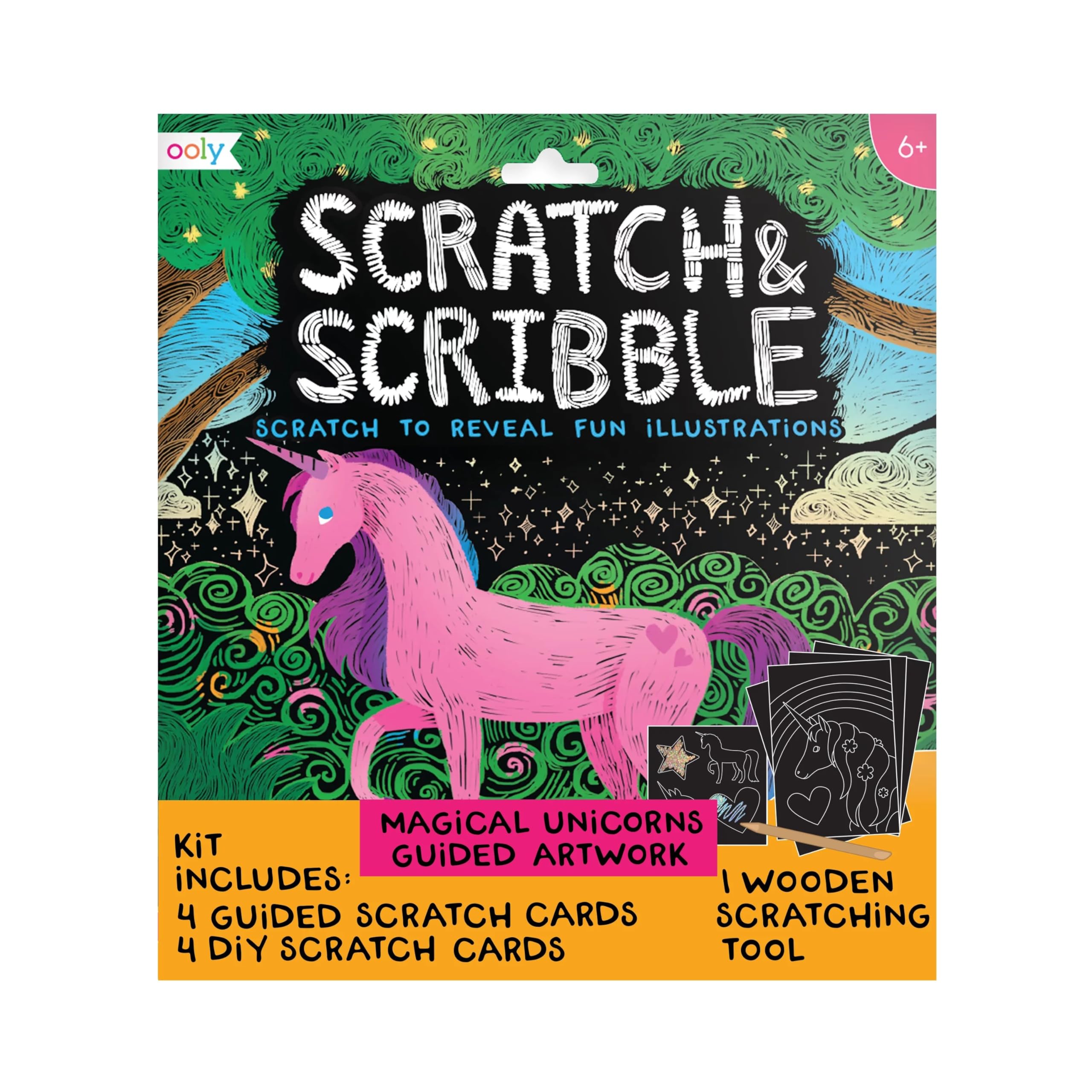 Ooly Scratch &amp; Scribble Art Kit, 8 Cards, Sticker Sheet – Unicorns