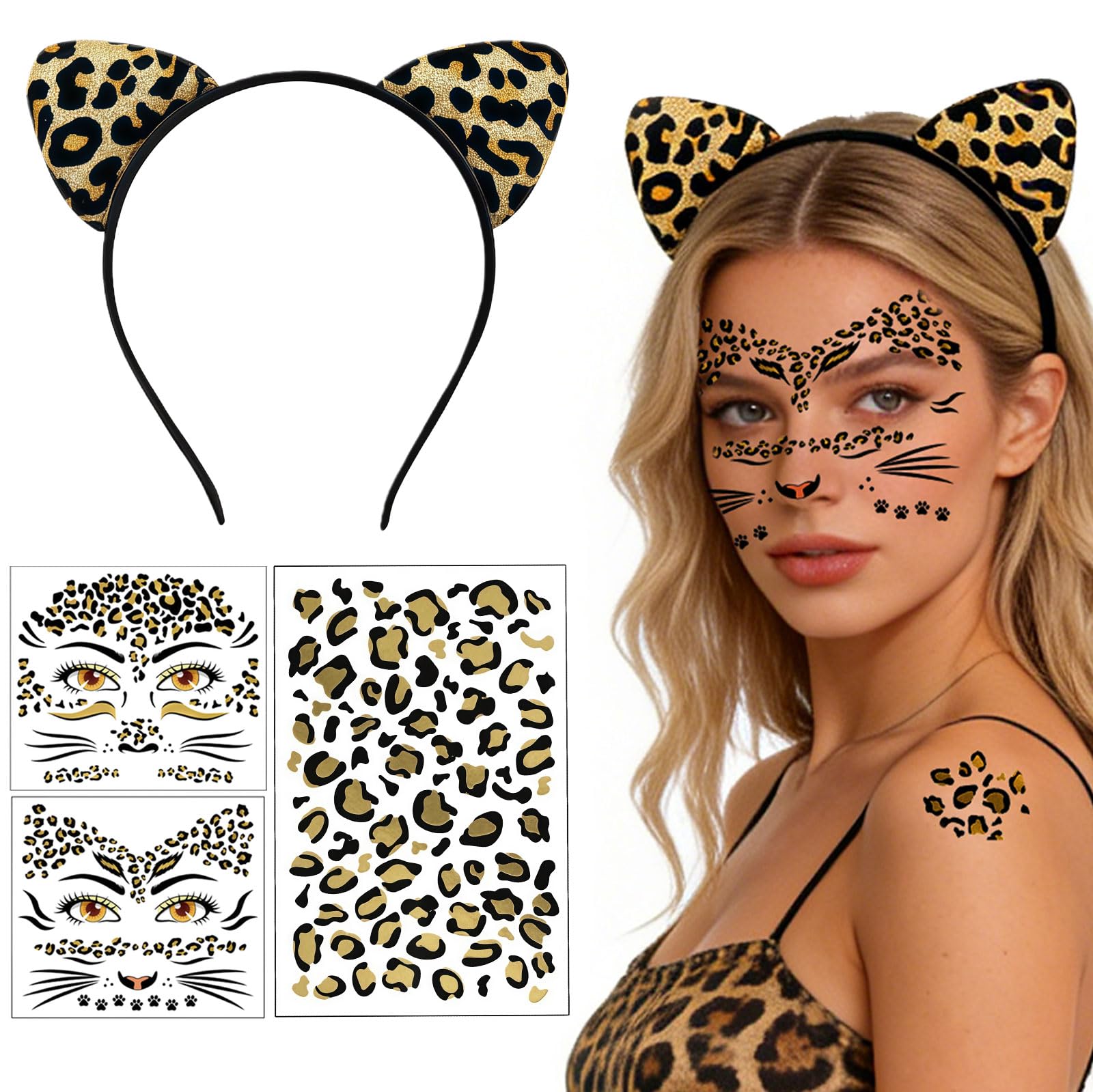 Ensemble de Costume léopard pour Femmes, Serre-tête Oreilles de léopard avec 3 Tatouages faciaux différents pour fête de Carnaval Accessoires léopard