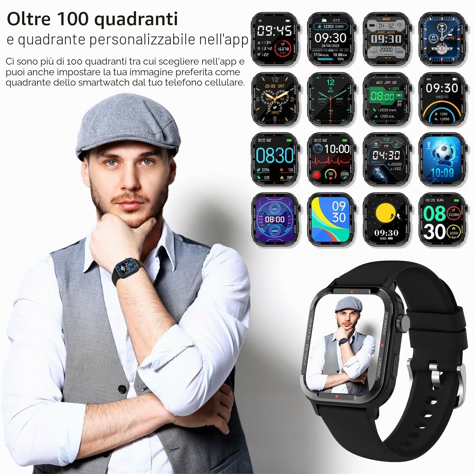 Smartwatch Uomo con Chiamate e Assistente Vocale, 1.85" Orologio Smartwatch Uomo con Contapassi, Cardiofrequenzimetro, Sonno, Impermeabil IP68 Orologio Fitness Uomo Notifiche Messaggi per Android iOS