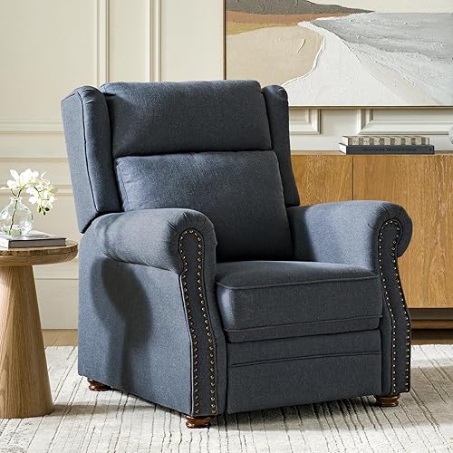 HULALA HOME Traditional Fabric Manual Recliner, Push Back Recliner Armchair with Adjustable Backrest & Footrest, Comfy Upholstered Lazyboy Single Sofa with Nailhead Trim, Navy