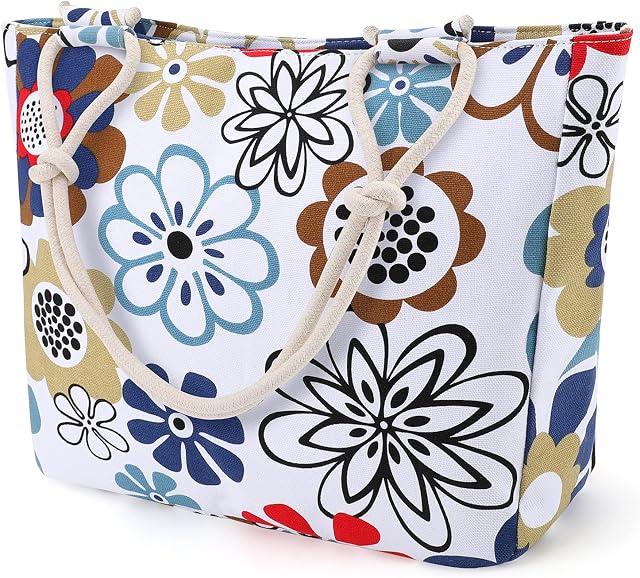 Large Floral Tote Bags Beach Bag for Women Canvas Tote Bag with Zip Beach Tote Bag Holiday Bag Shopping Bag Handbags Shoulder Bags with Rope Handle for Weekend Holiday Travel Daily
