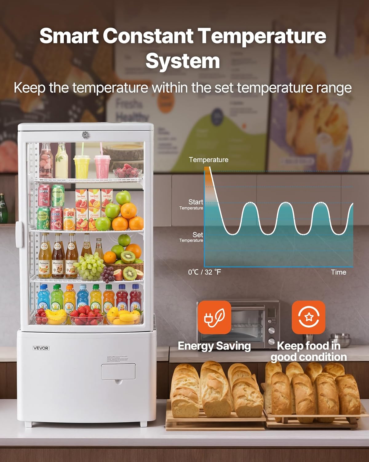 VEVOR Refrigerated Display Case, 3 Cu.Ft./85L Countertop Pastry Display Case, 3-Tier Commercial Cake Refrigerator with LED Lighting, TURBO Cooling, Frost-Free Air-Cooling, for Bakery, Dessert Shop