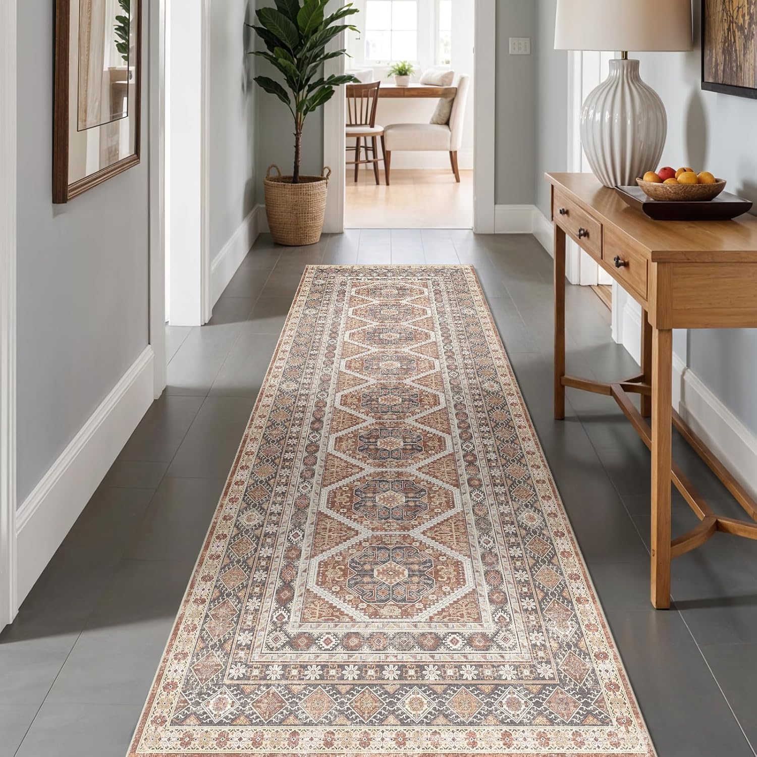 3x10 Runner Rug Kitchen Washable: Oriental Indoor Hallway Runners with Non Slip Backing Floor Mat for Entryway Door Low Pile Thin Carpet for Bedroom Bathroom Living Room Bedside Brick