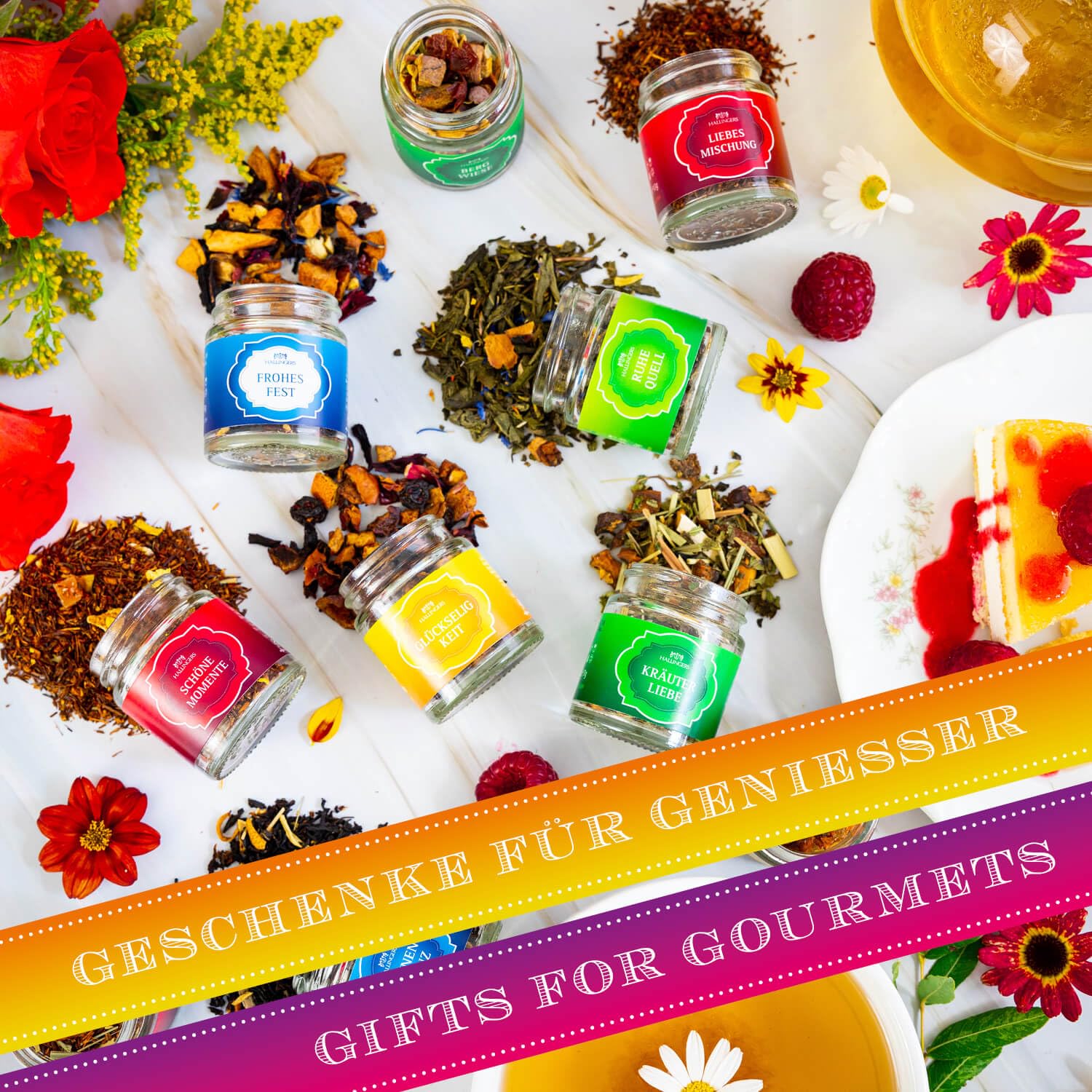 Hallingers Genuss Manufaktur Tee Geschenk-Set - 24 Sorten premium loser Tee Probierset in edler Geschenkbox mit Rezept-Booklet "Tee Deluxe Sele...", Geschenkidee für Frauen Männer