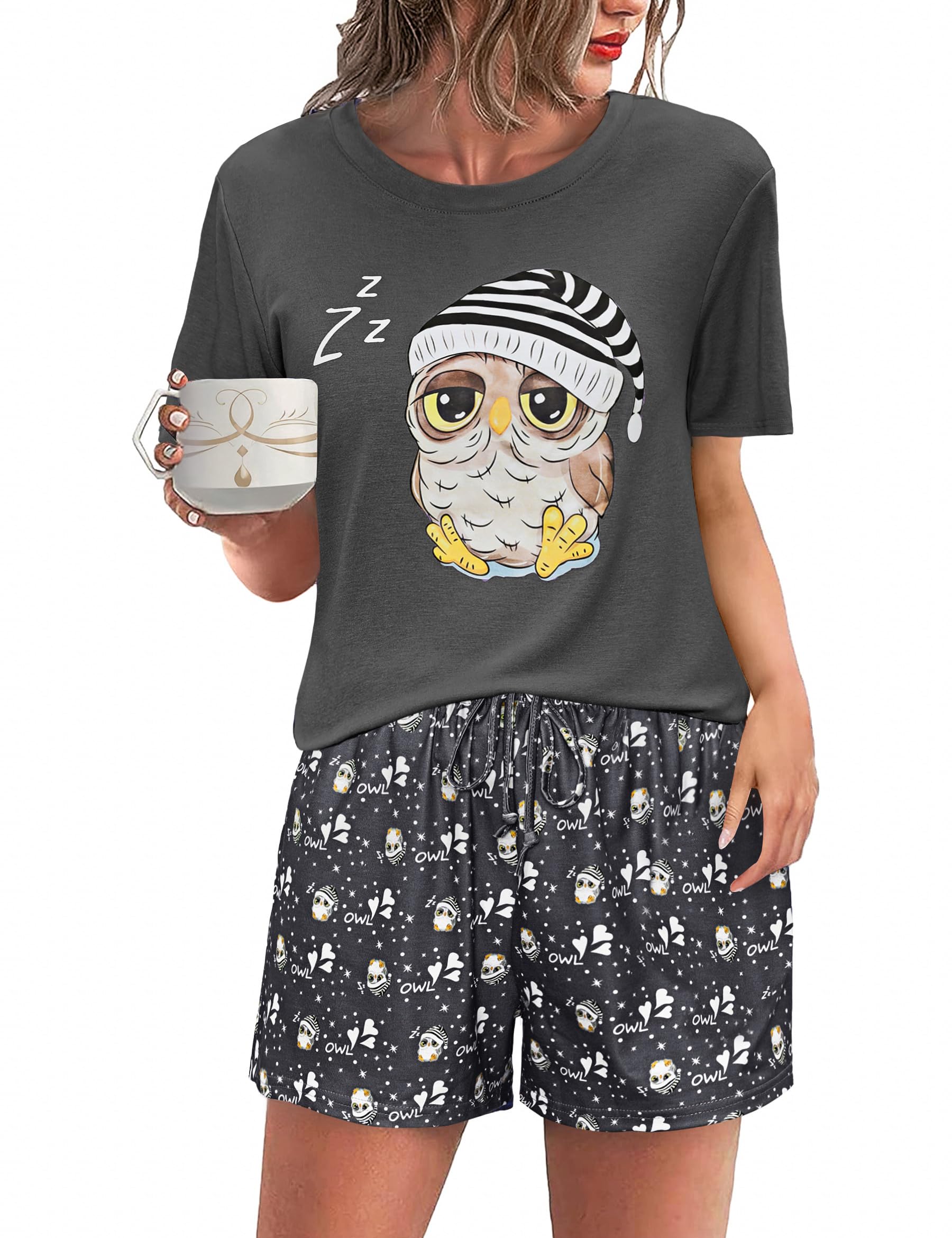 Demegimi Schlafanzug Damen Pyjama Kurz Baumwolle Shorty Zweiteiliger Nachtwäsche Sommer Pyjama Set Rundhals