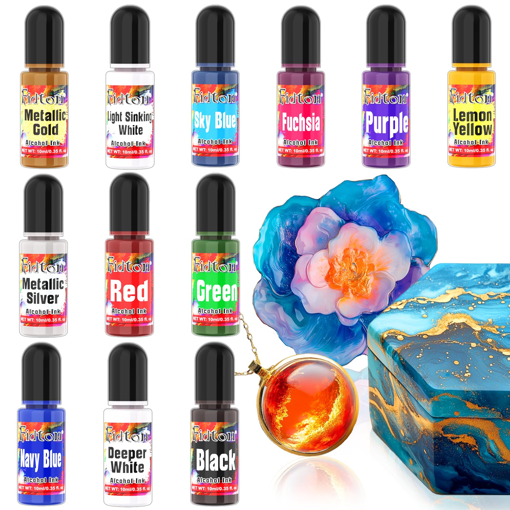 Alcohol Ink - Fidton 12 Colori ad Alcool Brillanti e Vivaci per Resina, Inchiostri ad Alcool per Oggetti d'Arte, Pittura, Creazione di Gioielli in Resina, Artigianato Fai Da Te - 10 ml