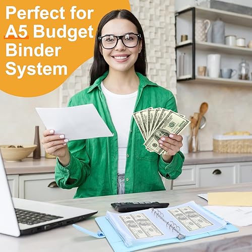 Miniatura 7 de Antner 50 bolsillos A5 para carpeta de 6 agujeros, sobres de relleno de dinero para organizador de dinero, carpetas blancas con cremallera,