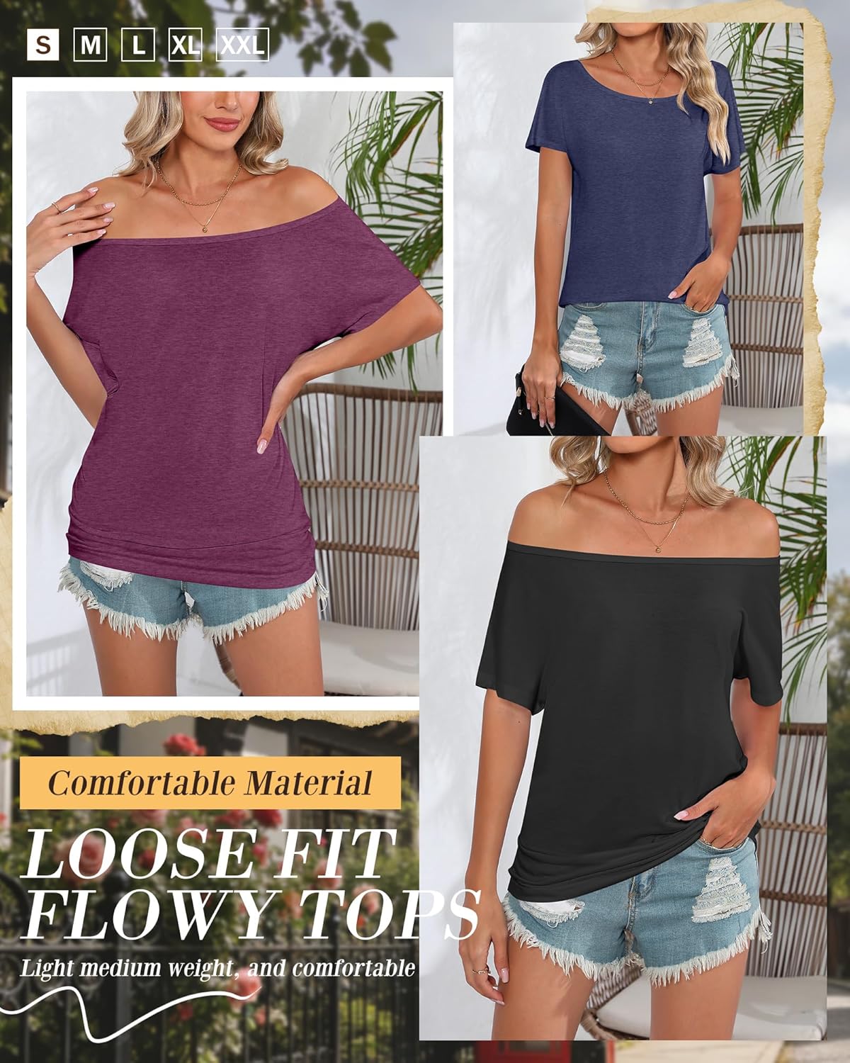 Riyiper 3 Pack Women's Off the Shoulder Shirts, Loose Fit Flowy Tops Short Sleeve Casual Summer Tshirt Athletic Workout Tunic - Image 5