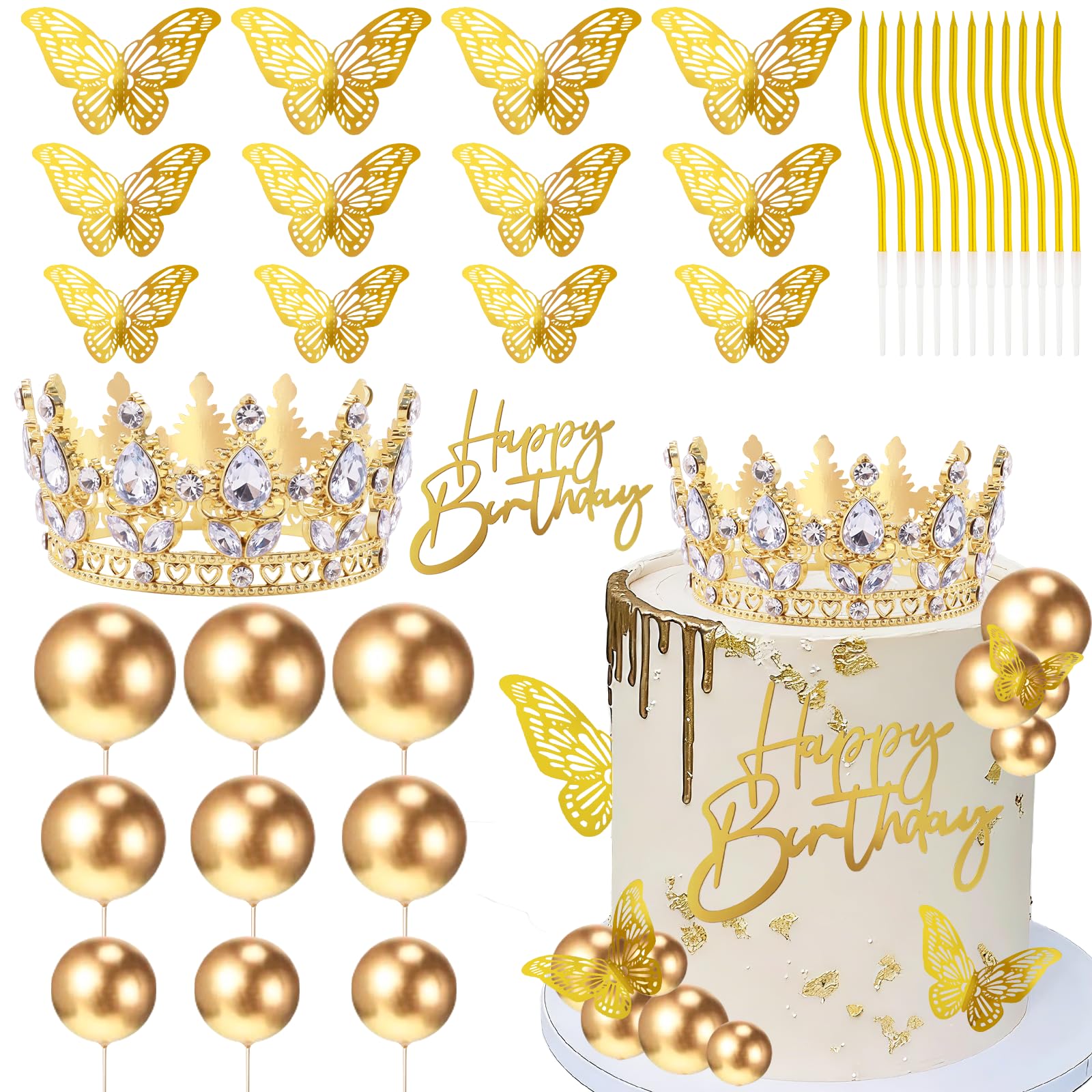 Morofme Diamant Krone Tortendeko 35 Stück, Kristall Metall Krone Mädchen mit „Happy Birthday“ Cake Topper, Gold Tortendeko Kugeln 3D Blitz Schmetterlings für Hochzeit Geburtstag Prinzessin Thema Party