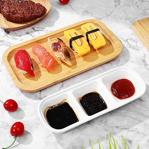 Miniatura 7 de Luxshiny Platos de cerámica divididos para servir, 2 juegos de platos de porcelana para aperitivos, bandeja para condimentos, 3 tazones de