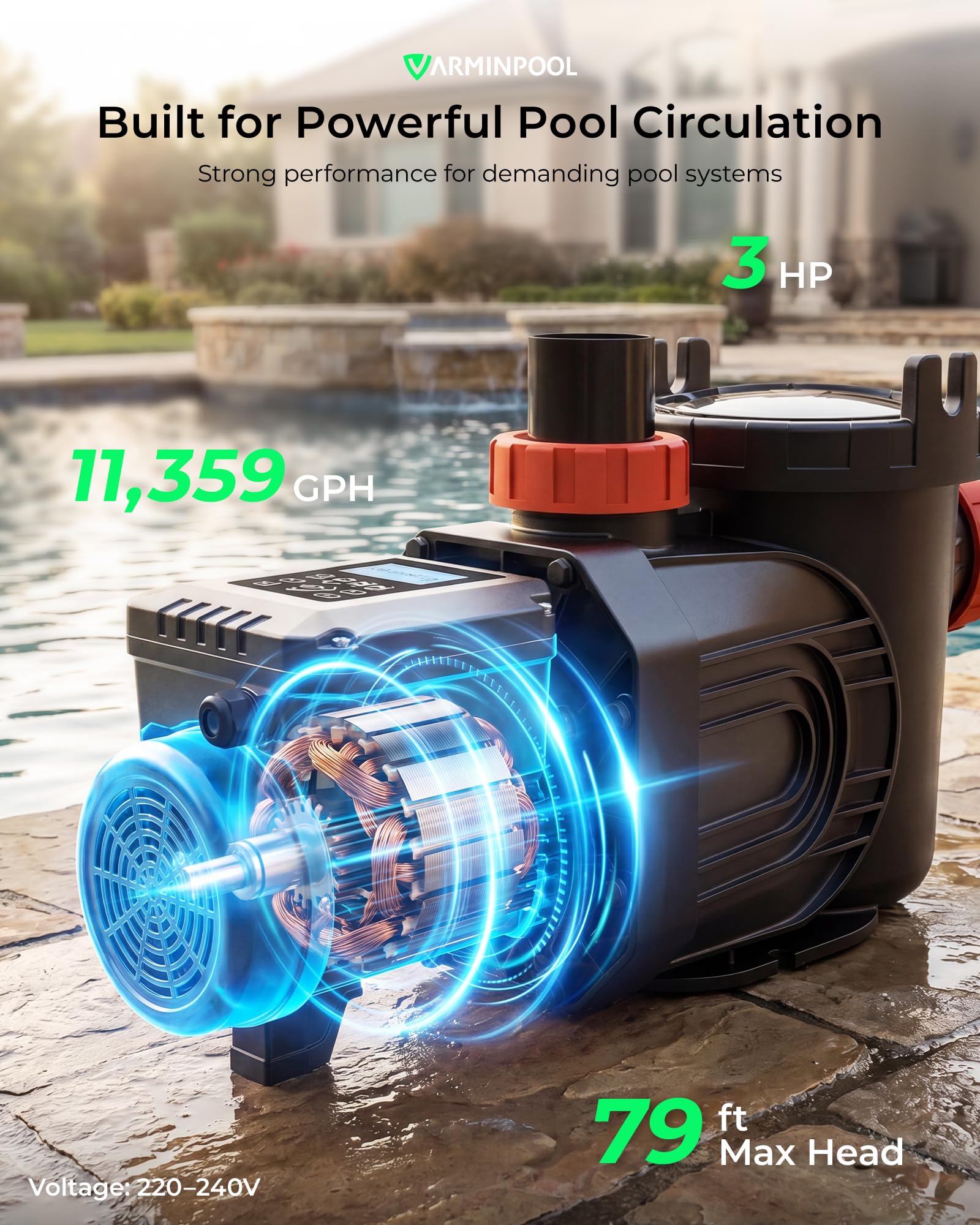 Bomba de piscina de velocidad variable 3.0HP, bomba de bajo consumo en el suelo de 220-240 V, ultra silenciosa, 11359 GPH, control de temporizador inteligente, cabeza de 80 pies, puerto