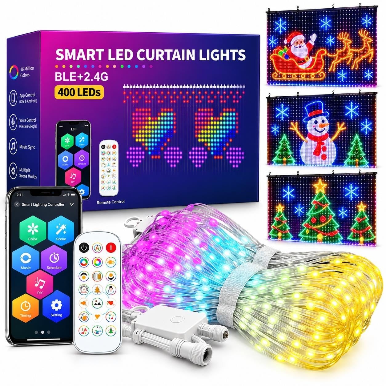 Smart RGB LED Curtain Lights, 400 LED Outdoor Wall Display with App&Remote