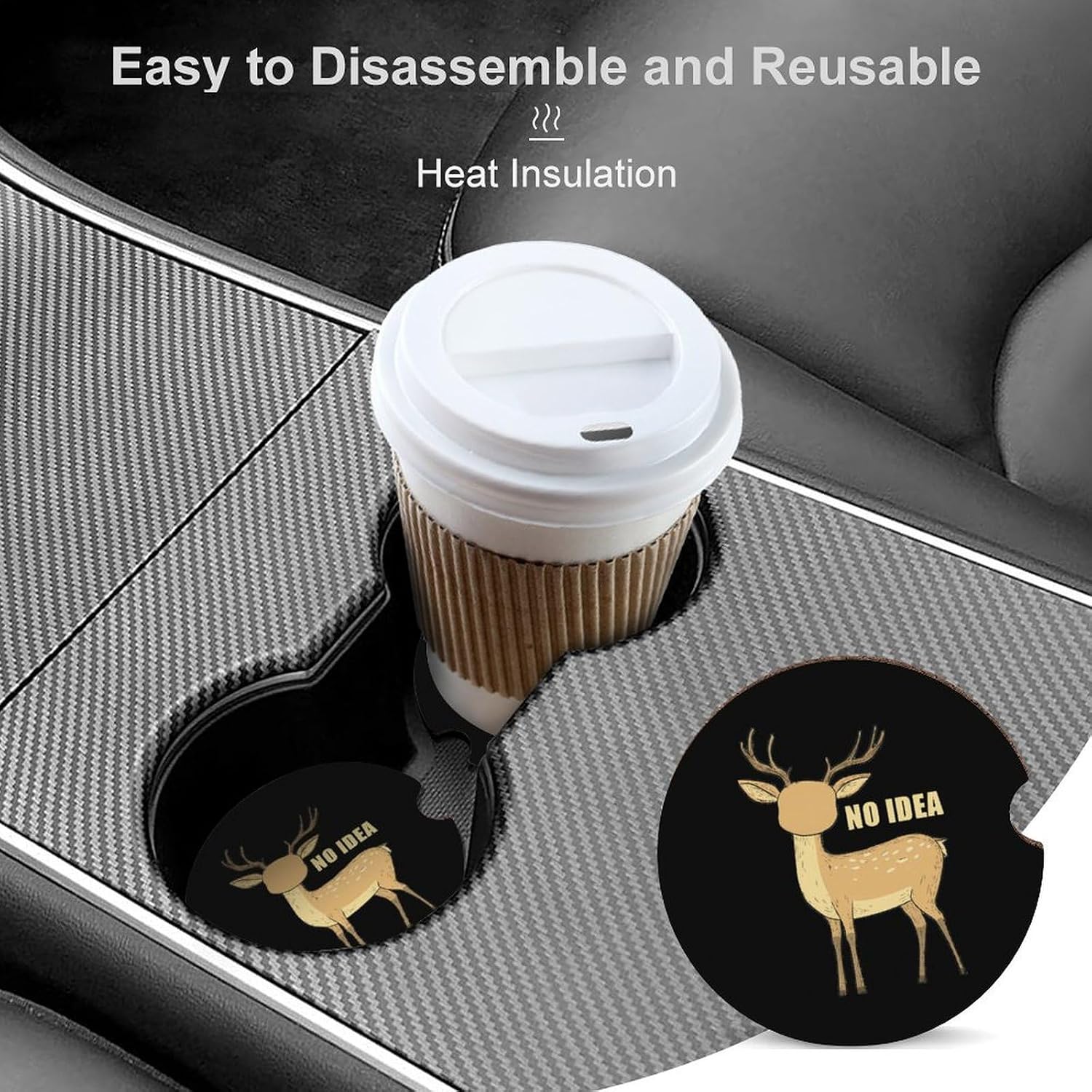 No Eye Deers Car Cup Holder Coaster with Cork Base 2.6 Inches Anti Slip | Absorbent Cute Car Accessories Interior Fashion Decor with Finger Notch