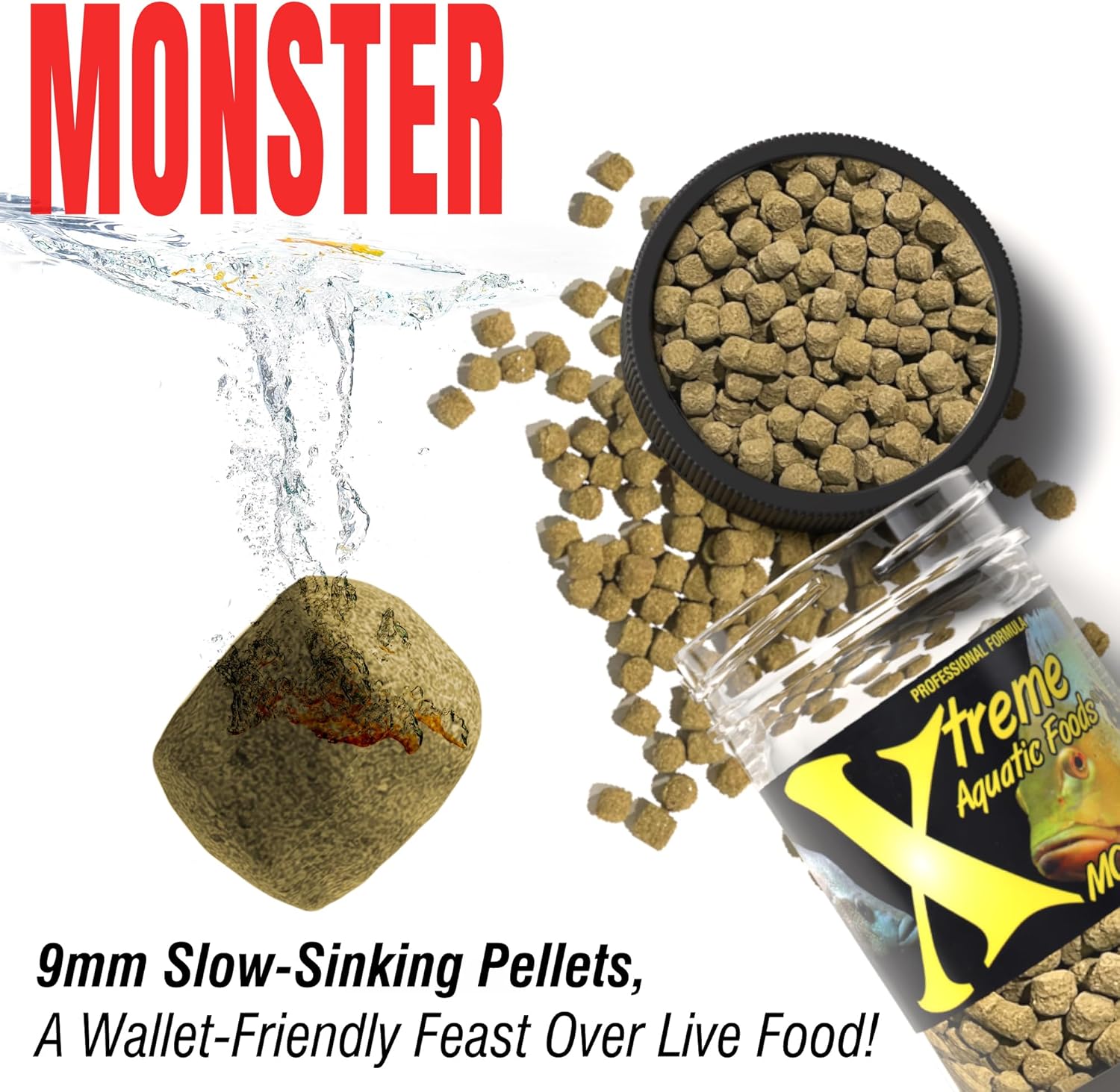 Xtreme Monster 9.0mm Pellets – Slow Sinking & Ideal for Large Cichlids, Monster Fish & Voracious Eaters – Boost Immune & Digestive Health, Max Marine Protein Fish Food – USA Farm Grown (9oz)