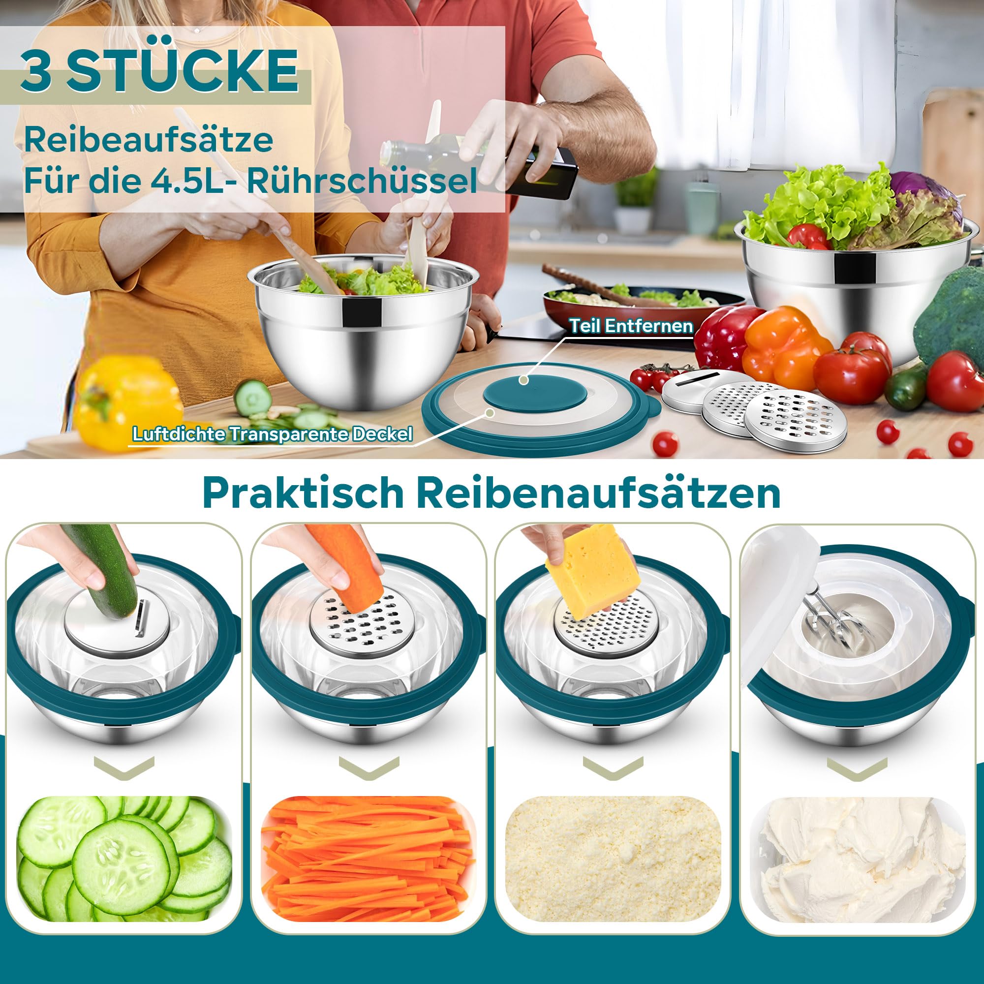 HaWare Set di 5 ciotole per insalata, in acciaio inox, con coperchio trasparente ermetico e 3 grattugie, per cucinare, 4,5 l, 2,8 l, 1,5 l, 1,2 l, 0,7 l, lavabile in lavastoviglie, blu
