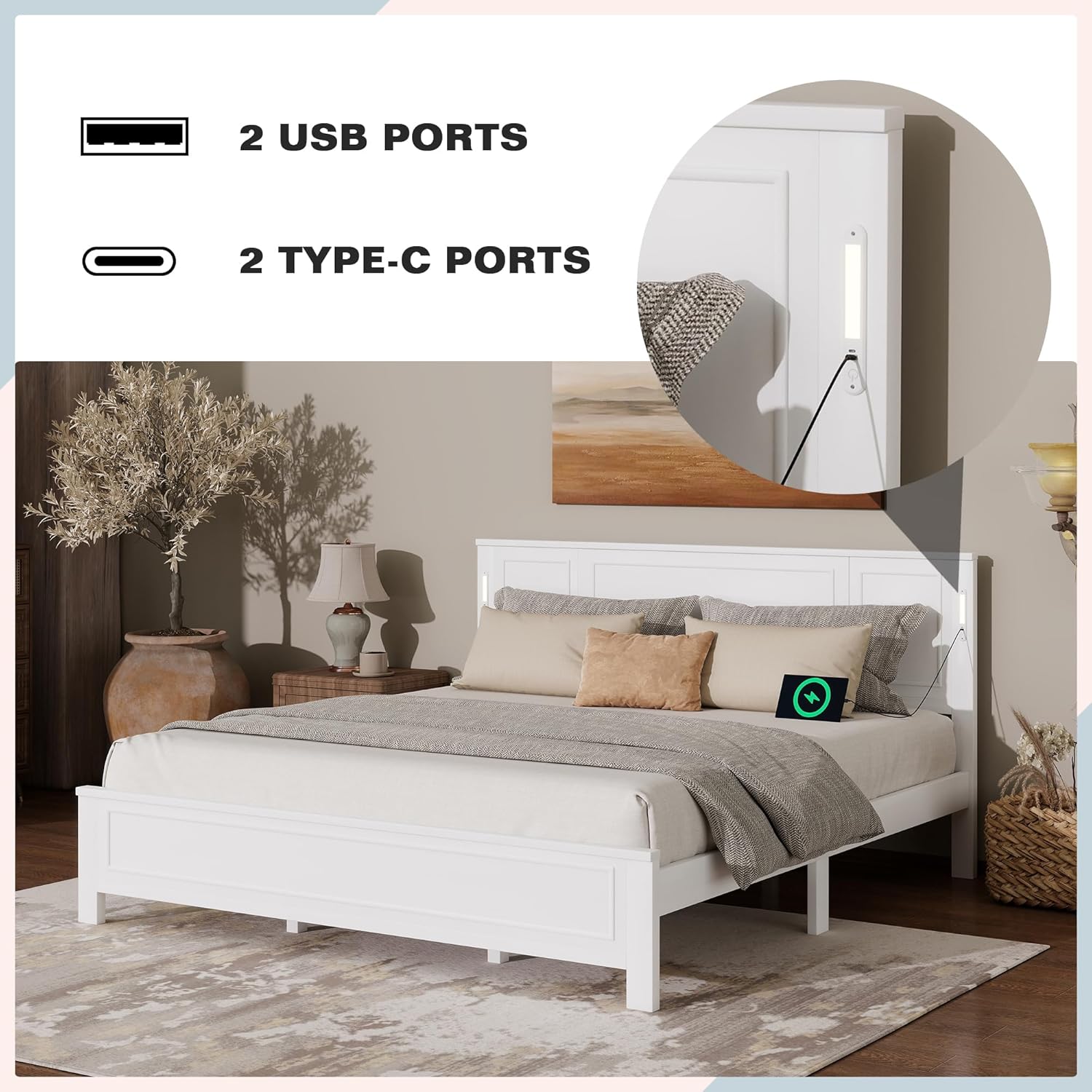 King Size Platform Bed Frame, Heavy Duty Pinewood Bedframes with Tall-Panel Headboard and Footboard, Built-in LED Lights/USB Charging Station/No Box Spring Needed, White