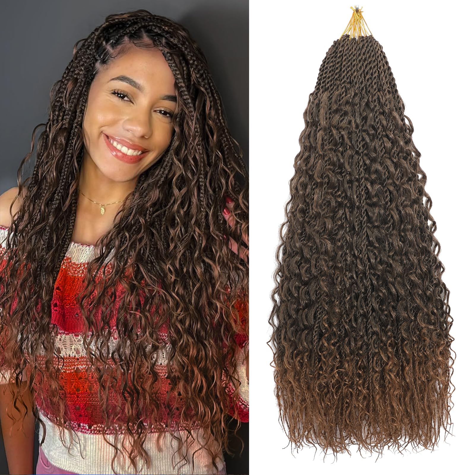 BLTYXT Goddess Boho Box Braids Crochet hair 18 Inch 8 Packs Pre Looped Water Wave Crochet Hair for Women Hair Extension (T30