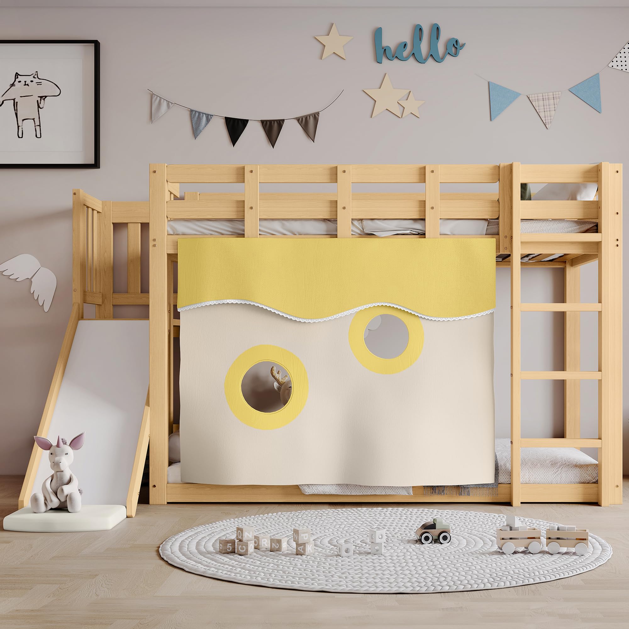 Mrwoo Kinderbett 90x200 cm, Etagenbett mit Rutsche, Hochbett mit Dreistufige Treppe und Rausfallschutz Geländer, Geeignet für Kinder und Jugendliche, Holzlatten (Ohne Matratze) (Natur)
