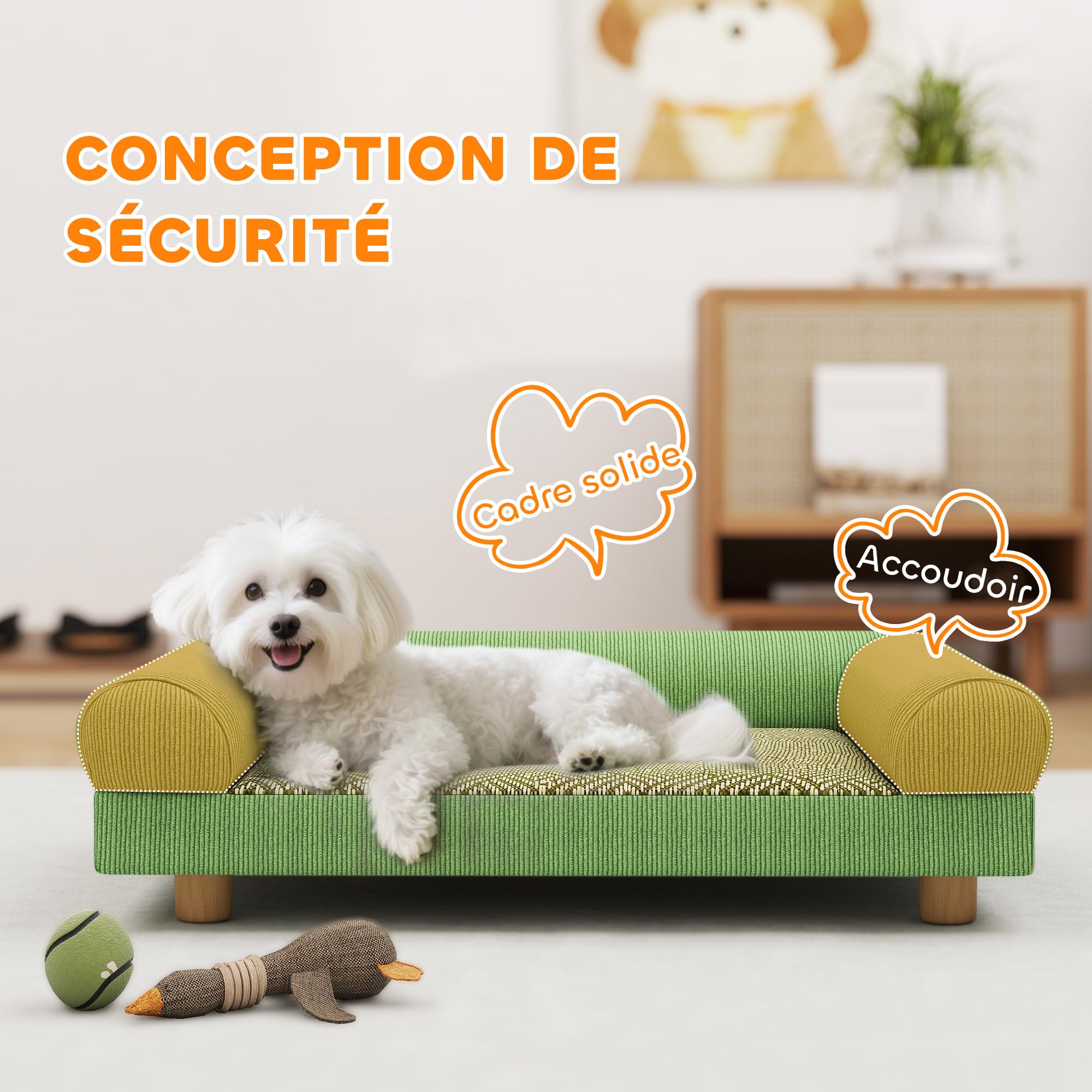 PawHut Canapé pour Chien Chat lit pour Chien surélevé avec Assise de Tapis Frais, accoudoirs et Pieds, en Velours Doux, pour Animal jusqu'à 5 kg, 63 x 41 x 17 cm, Vert