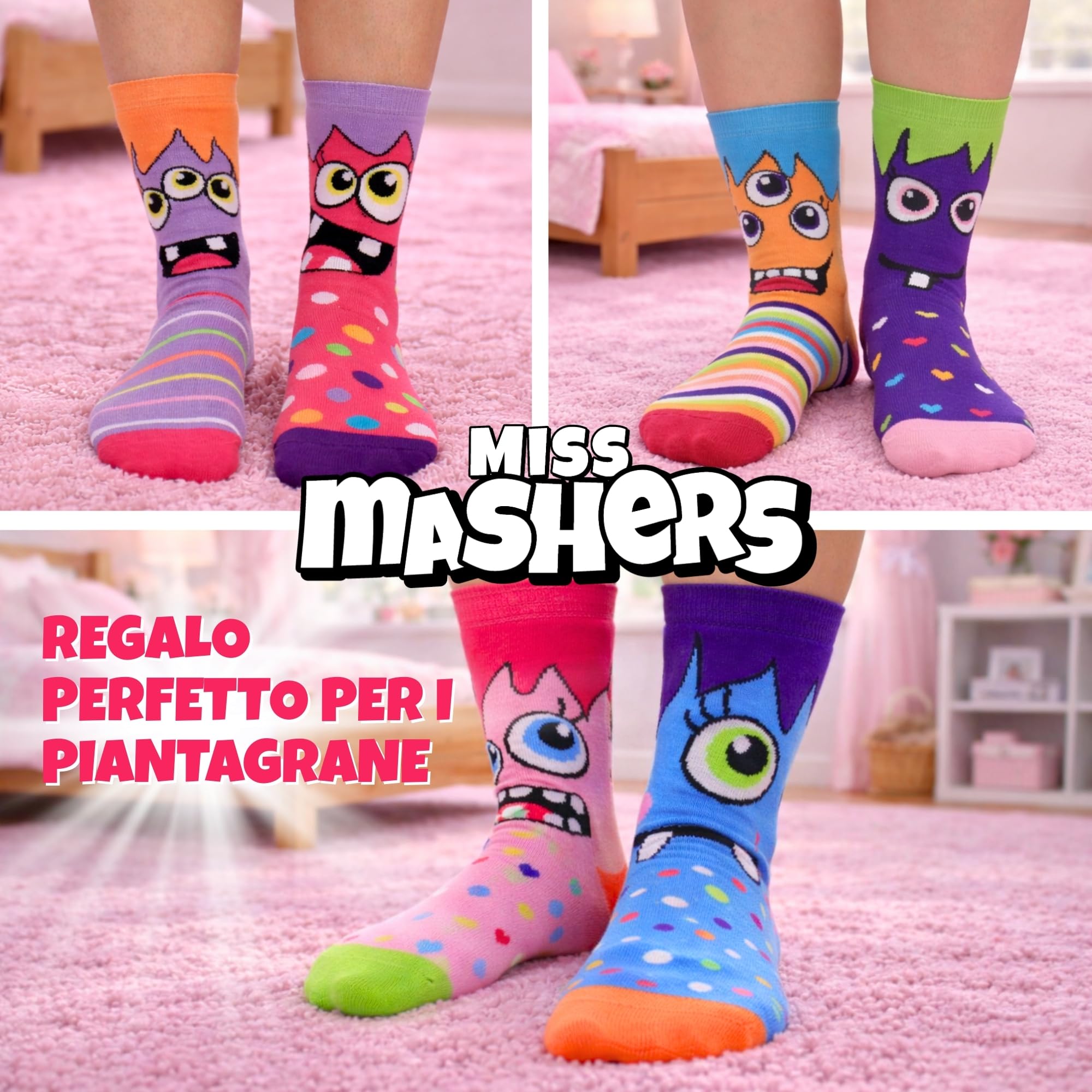 United Oddsocks – Miss Mashers – Confezione da 6 calzini per ragazze, misure 30.5-38.5.