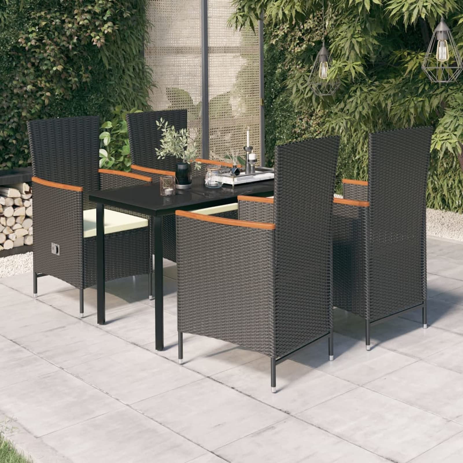 Juego de comedor de jardín, mesa de vidrio y 4 sillas reclinables con cojines, conjunto de muebles de exterior de ratán PE y acero, negro y blanco crema, 140x70x74 cm, para patio, terraza y balcón