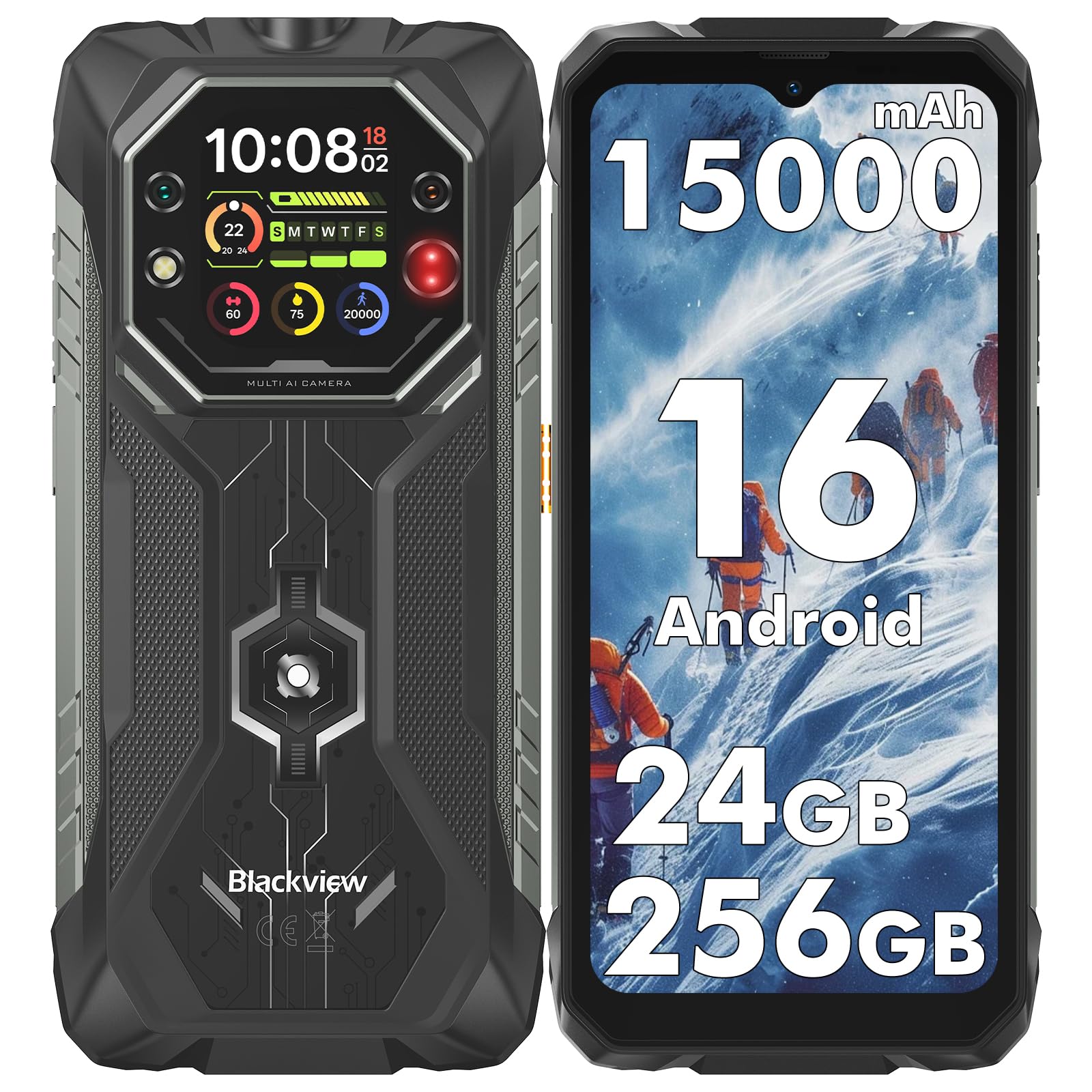 Blackview ROCK 1 Téléphone Portable Incassable Android 16, 24GB+256GB Téléphone Incassable, 20MP Vision Nocturne, 15000mAh, Gemini AI, 6.56" HD+ 2.01" Écran, Étanche IP69K, NFC/GPS/OTG/2 Ans Garantie