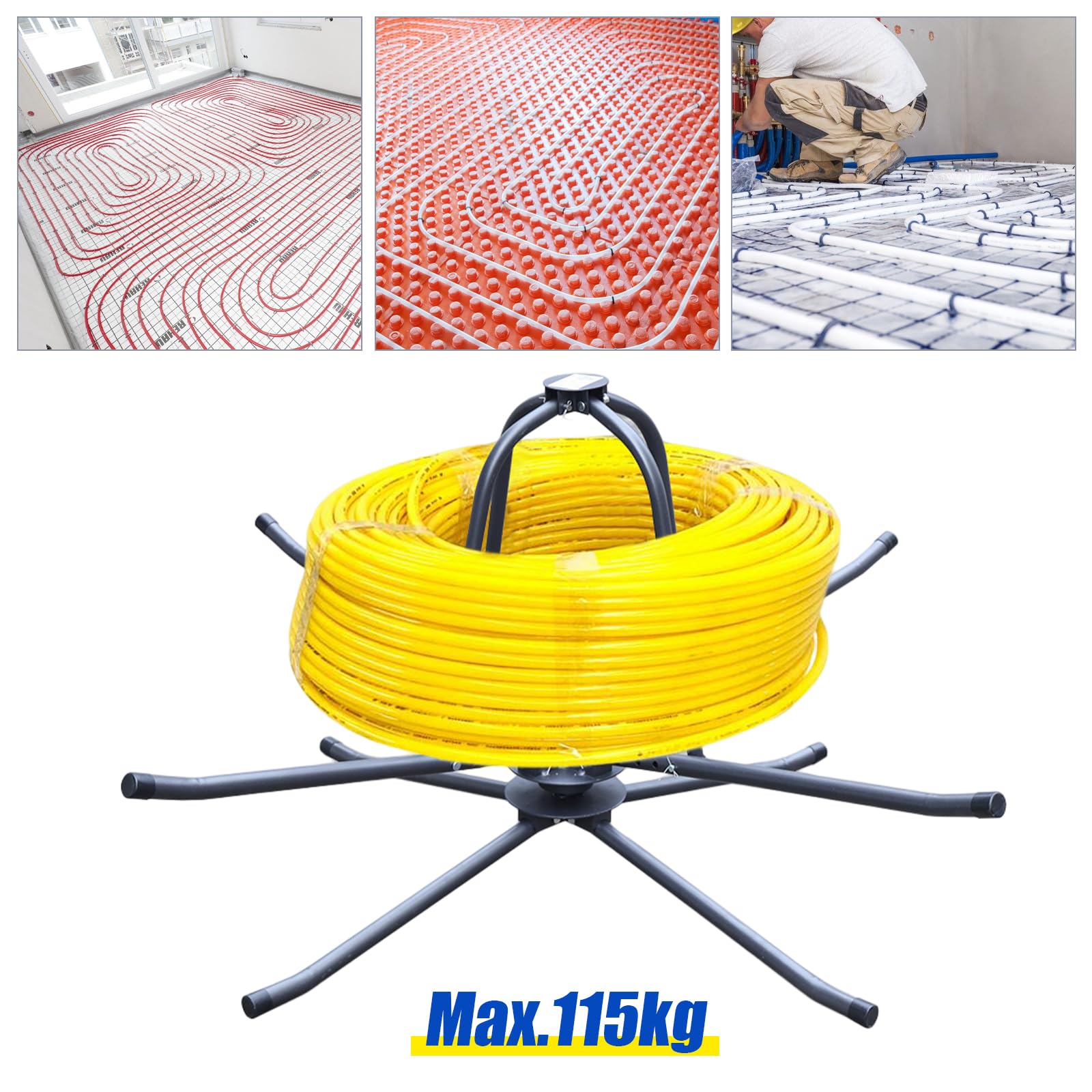 Carrete de tubo para calefacción por suelo radiante, enrollador de tubos, cable máx. 115 kg, Q235, hierro negro, compuesto de tubería para el suelo, cable de calentamiento, dispensador de carrete con