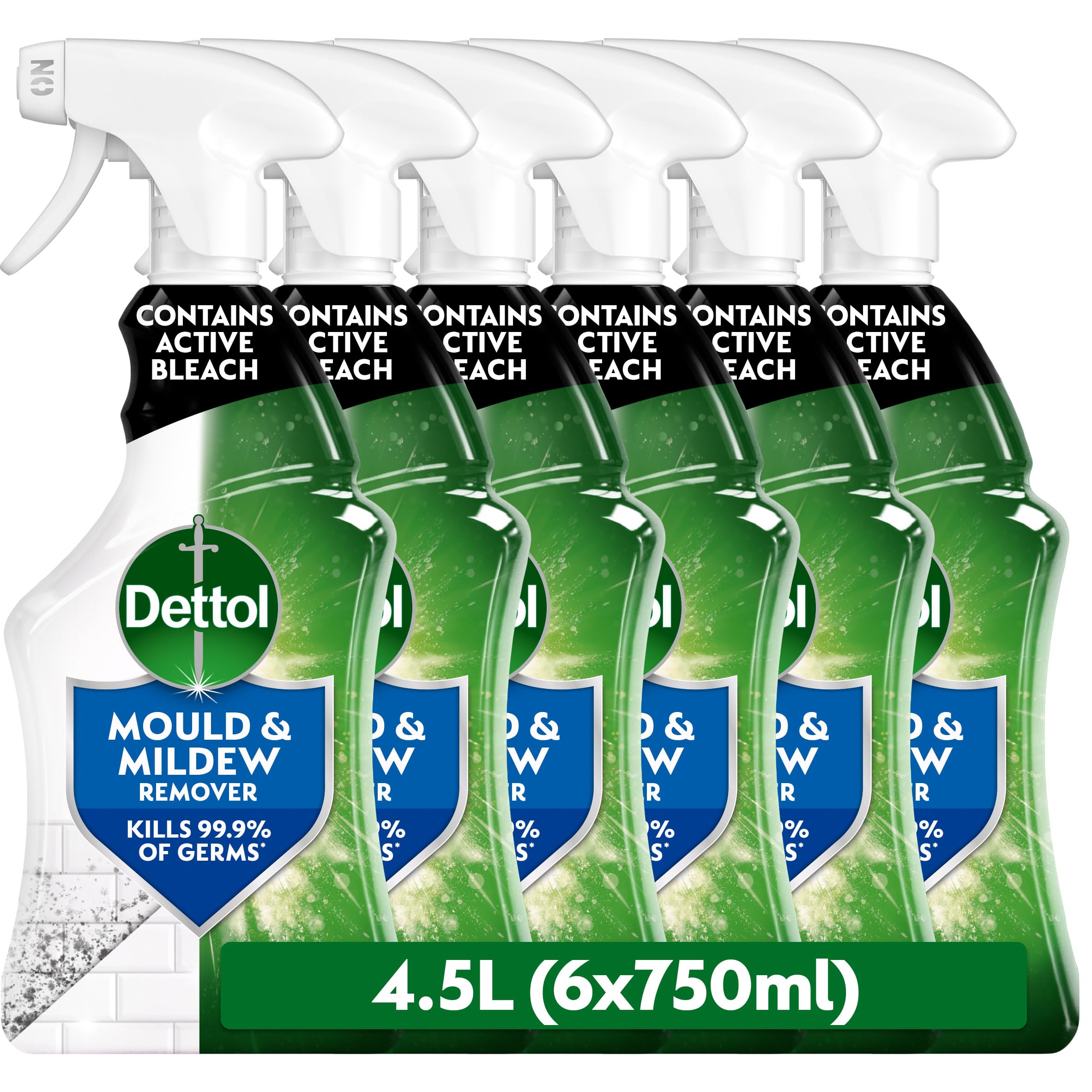 Dettol Bathroom Mould and Mildew Spray, 4.5L (750ml x 6 pck), Mould Remover, Bleach Spray, Antibacterial, Disinfectant, Household Cleaner, Kills 99.9 Percent of Bacteria