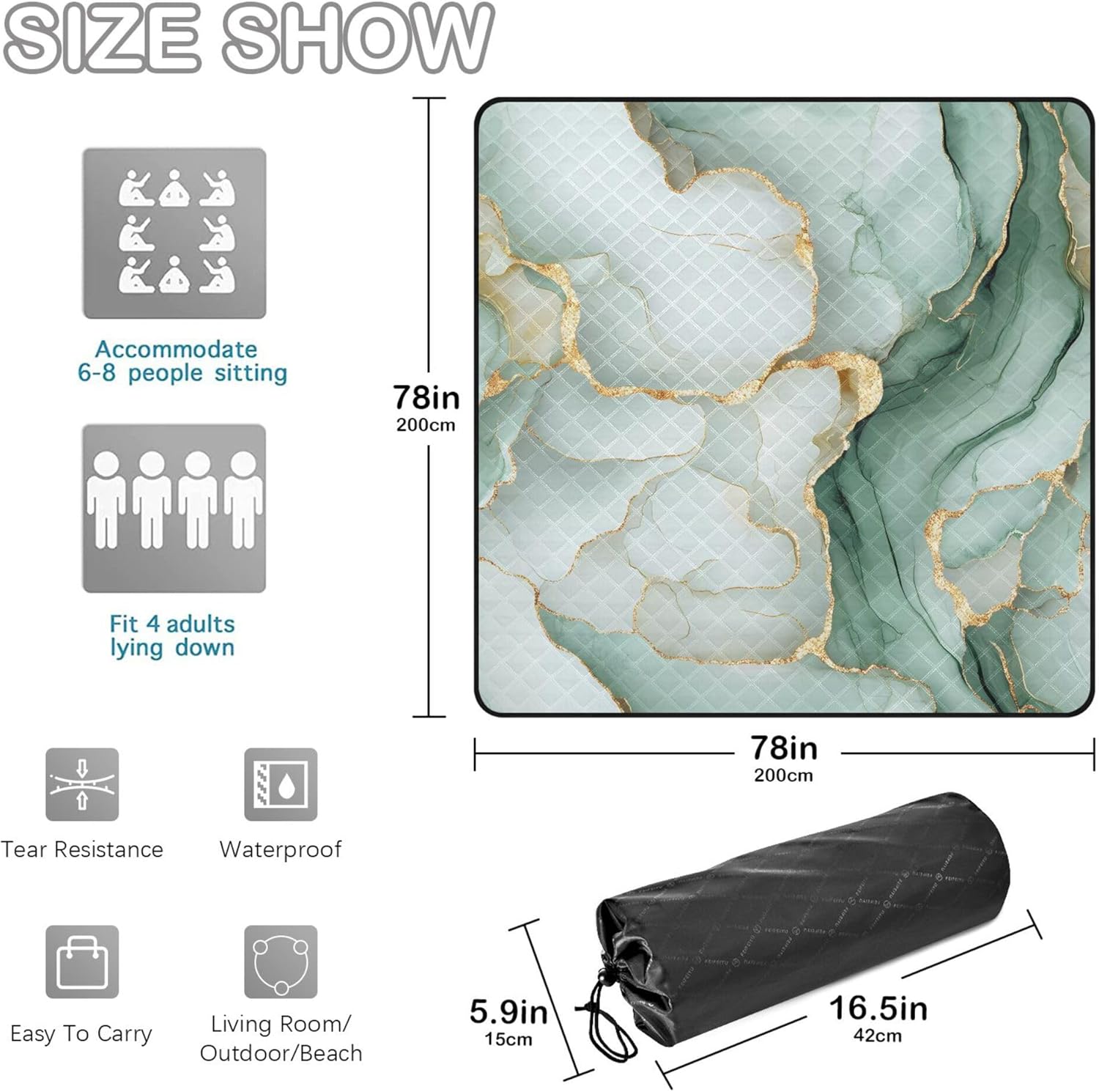 Yuiboo Marble White Sage Green Waterproof Picnic Table Water-Resistant Party Beach Blankets Waterproof Sandproof for Family Spring Gifts tapete para Picnic parque