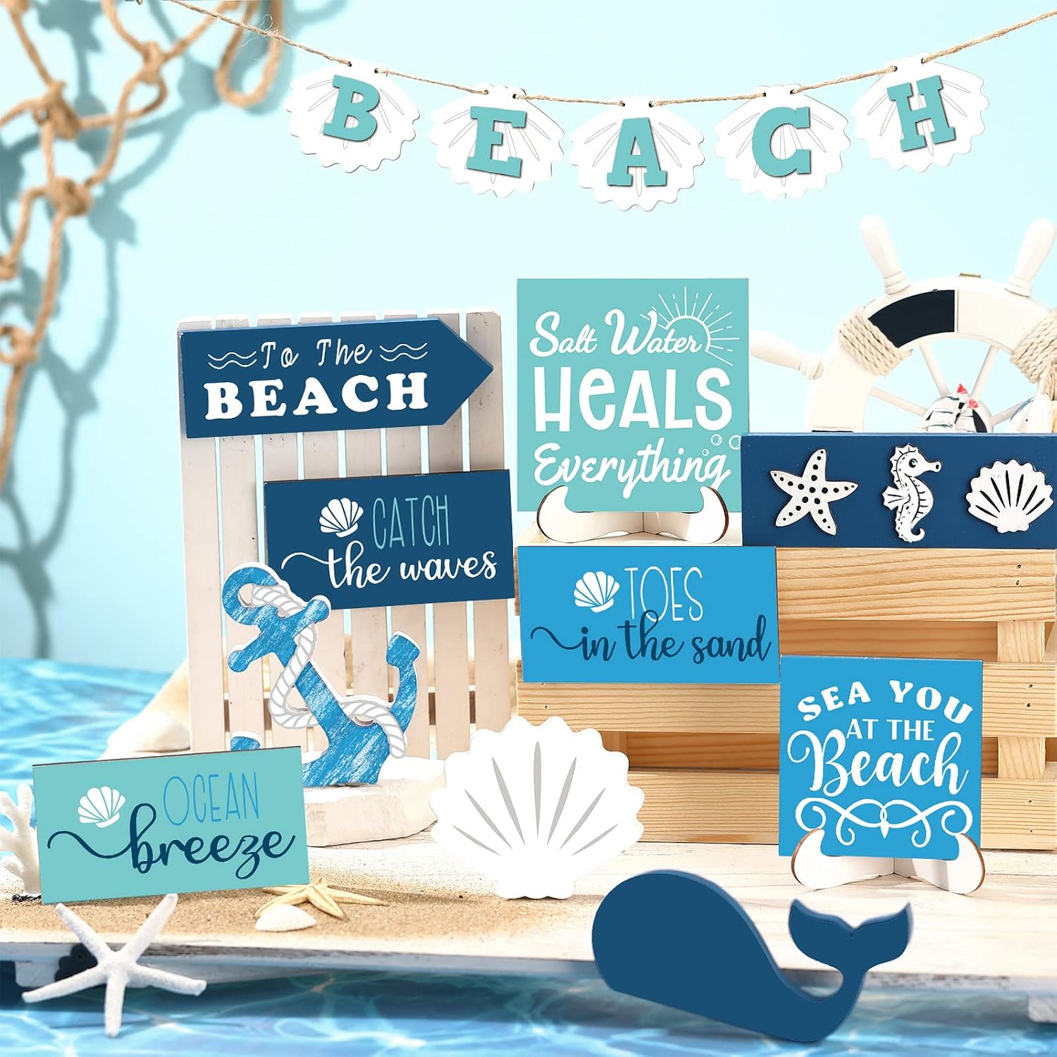 15 Pieces Summer Beach Tiered Tray Set, Ocean Wood Signs