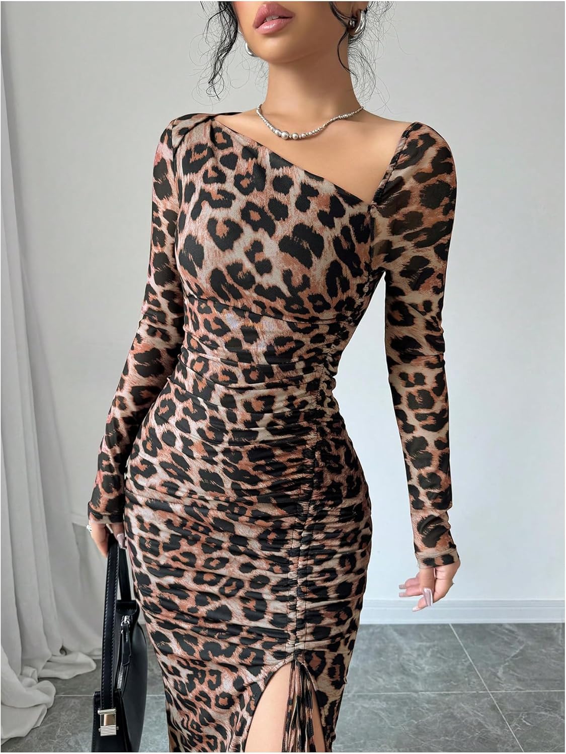 GORGLITTER Women's Maxi Leopard Long Sleeve Birthday Dress Wedding Guest Ruched Holiday Night Out Split Dresses - Image 4