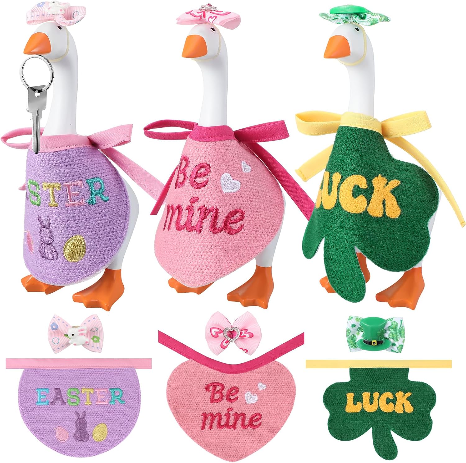 Ceenna 3 Set Valentine's Day 7 Inch Mini Desk Goose Outfits Holiday Bibs Bow Headwear Mini Porch Magnetic Goose Headdress Clothes Costume for Irish Holidays Easter Office Table Key Holder Accessories