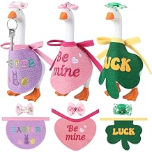 Ceenna 3 Set Valentine's Day 7 Inch Mini Desk Goose Outfits Holiday Bibs Bow Headwear Mini Porch Magnetic Goose Headdress Clothes Costume for Irish Holidays Easter Office Table Key Holder Accessories
