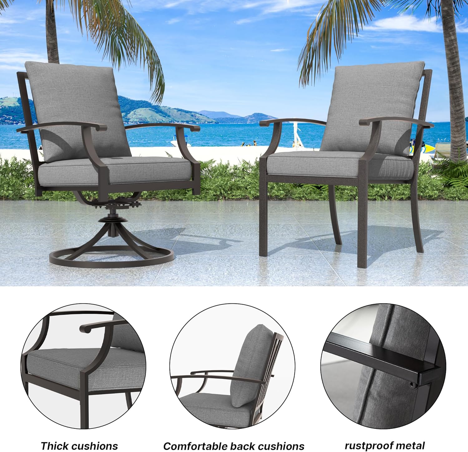7 Pieces Outdoor Patio Furniture Set with 48" Round Propane Fire Pit Table,Patio Dining Set Outdoor Conversation Sets 6 Swivel Chairs for Deck,Backyard and Garden,Grey