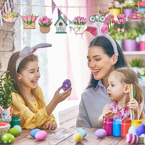 Miniatura 5 de A1idee - 45 adornos colgantes de madera con flores de primavera y verano, 15 huevos verdes de Hello Spring, patrón de manualidades con cuerda de