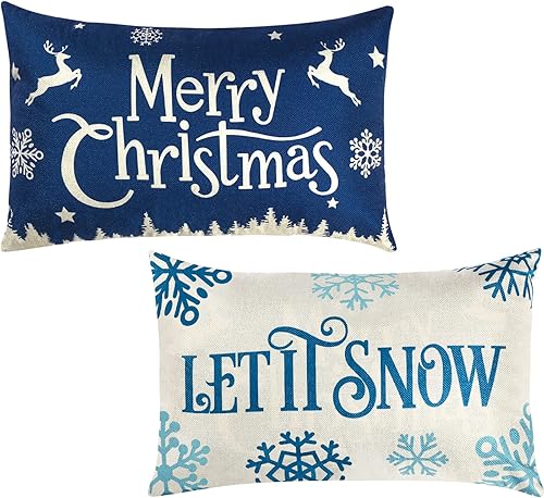 2 fundas de almohada navideñas de 20 x 12 pulgadas, fundas de almohada de lino con texto en inglés "Merry Christmas and Let It Snow", fundas de