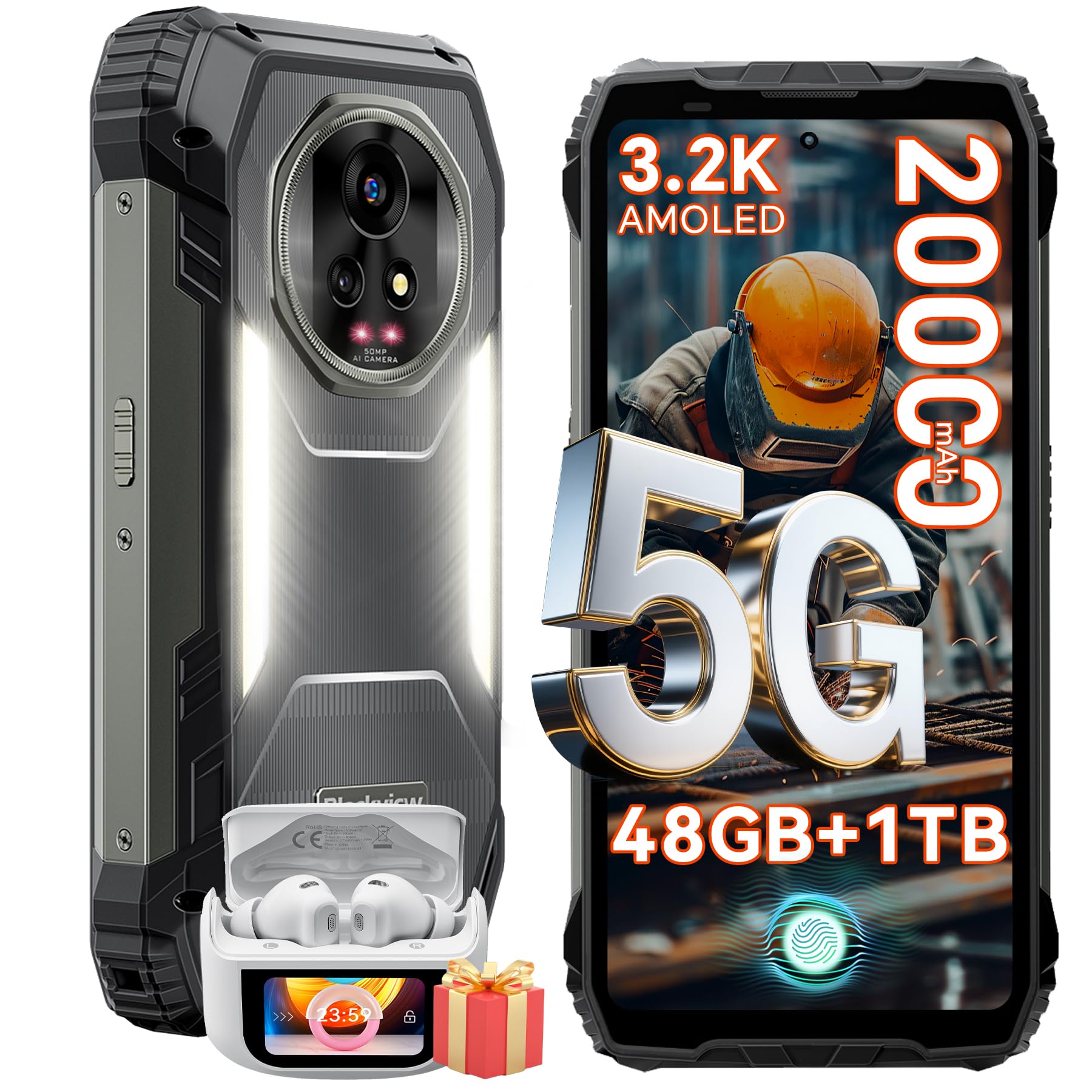 Blackview Xplore 2 Rugged Smartphone 5G, 20000mAh Unbreakable Phone Battery, 6.73 Inch FHD, 120Hz, MTK 8300, 3.2K AMOLED, 50MP+20MP, 48GB+1TB Rugged Mobile Phone, Dual SIM/OTG/WIFI 6/IP68