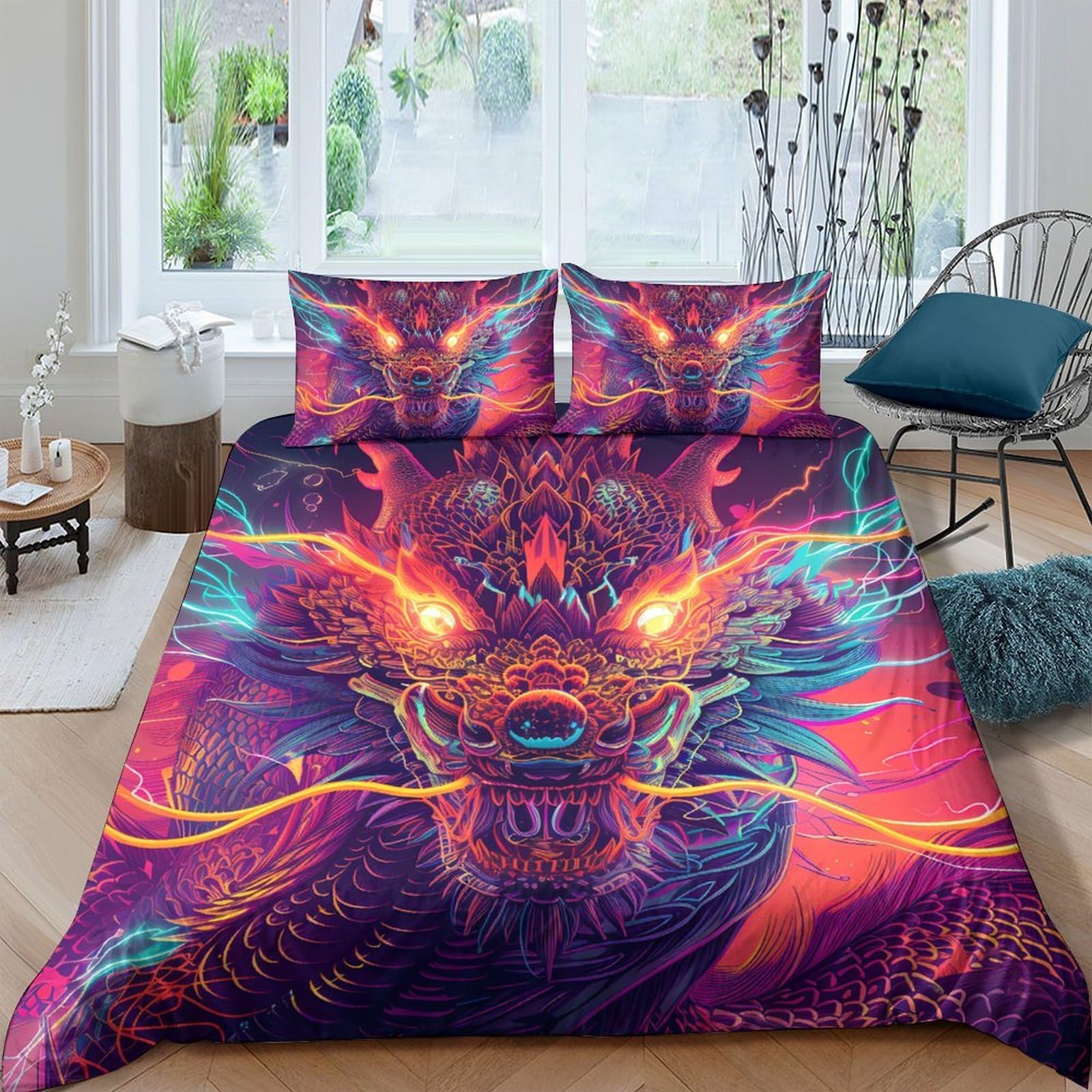 Ctjqhvkz Style-10 3D Printed Neon Dragon Fitted Sheet Microfiber Soft Breathable Fire Fantasy Bed Cover For Bedroom Dorm Mattress Protection Decor Single（135X200cm）